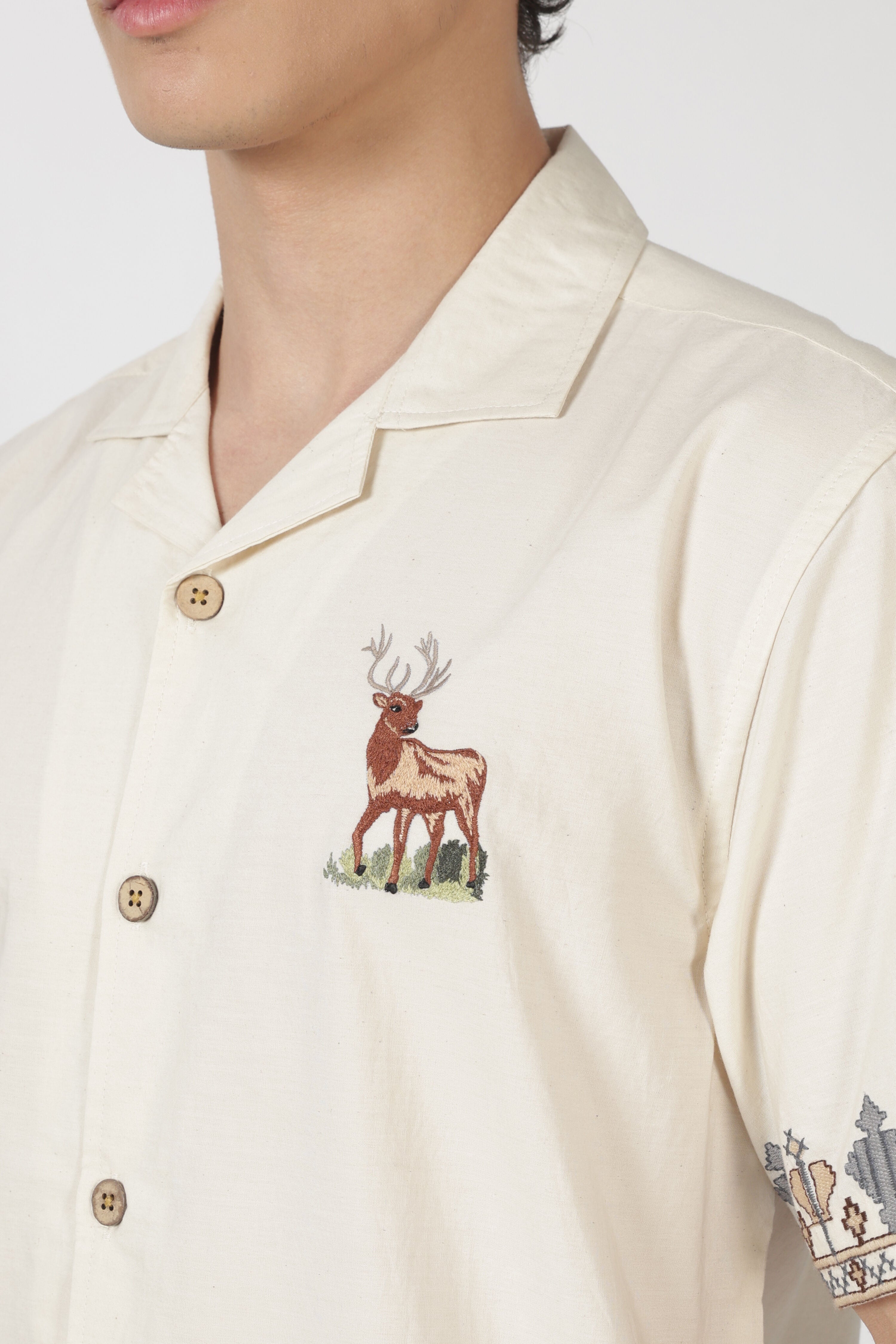 Stag Trail Cotton Box Fit Beige Embroidered Shirt