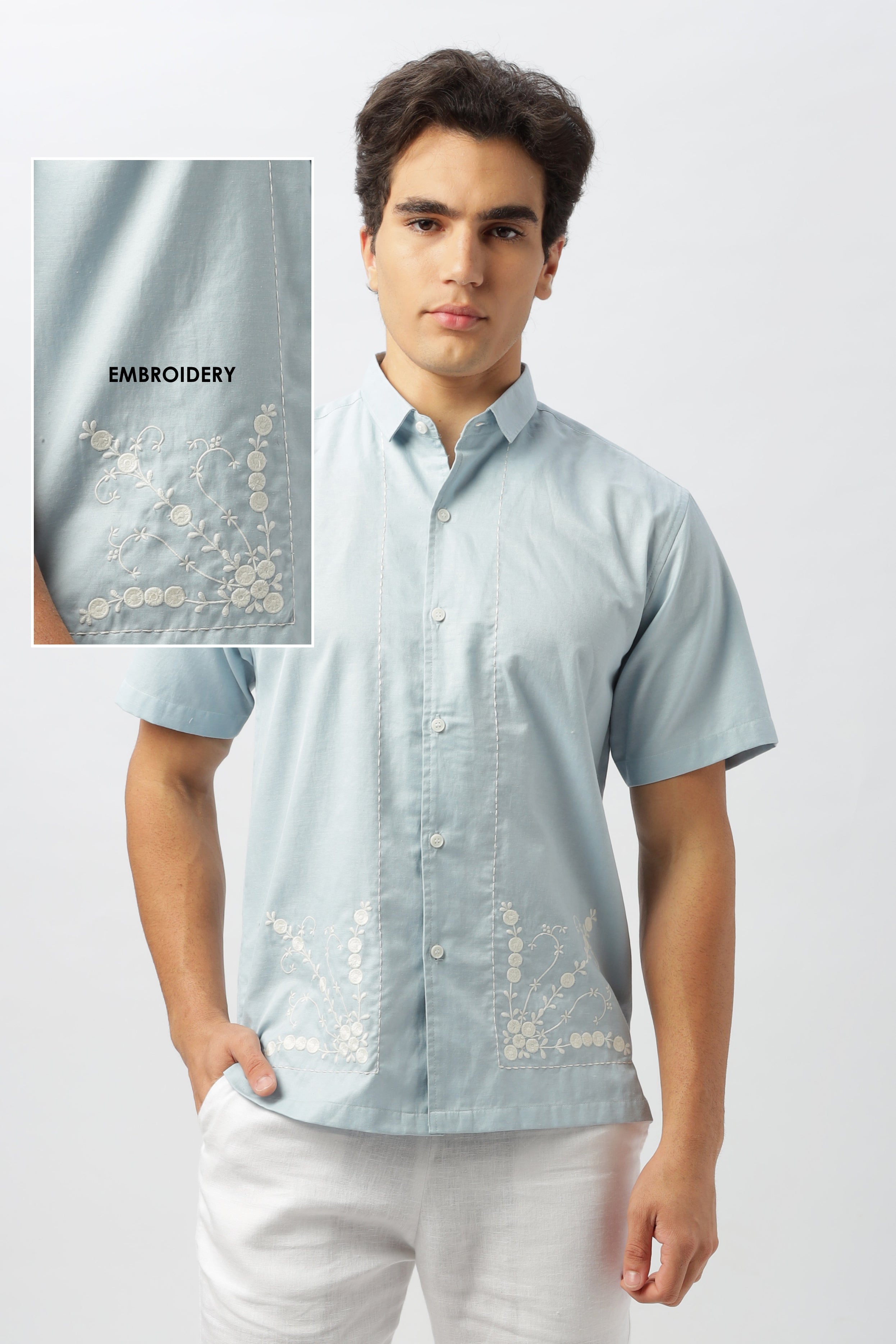 Opulent Floral Embroidered Light Blue Box Fit Shirt Sale