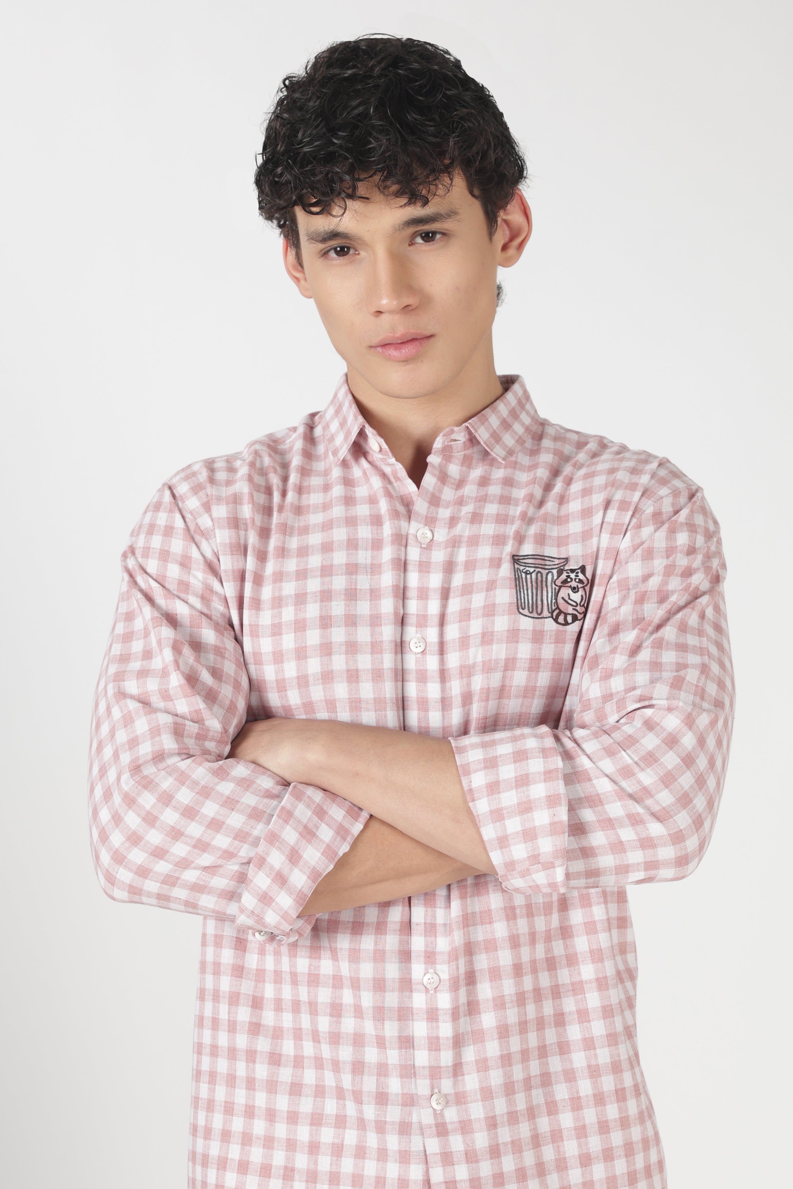Playful Raccoon Cotton Regular Fit Pink Embroidered Shirt