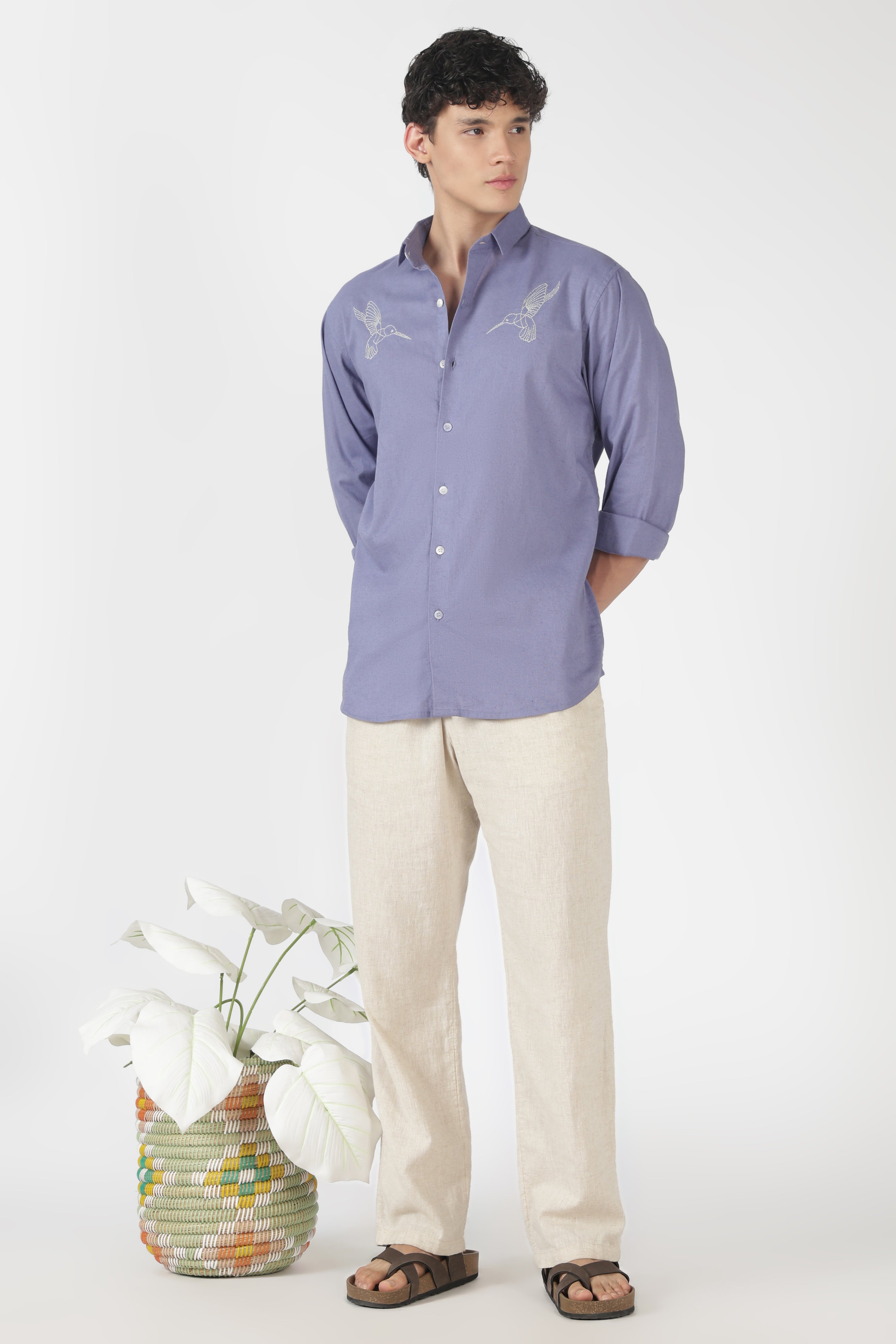 Humming Crest Cotton Regular Fit Purple Embroidered Shirt