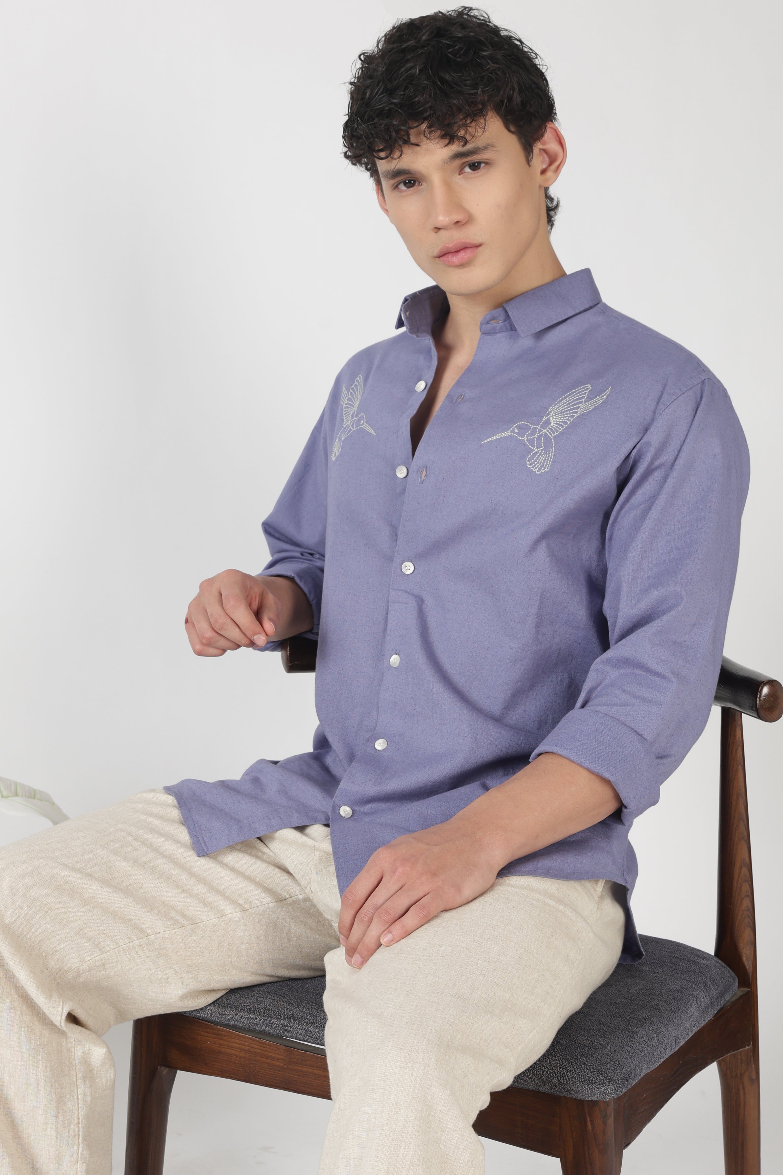 Humming Crest Cotton Regular Fit Purple Embroidered Shirt