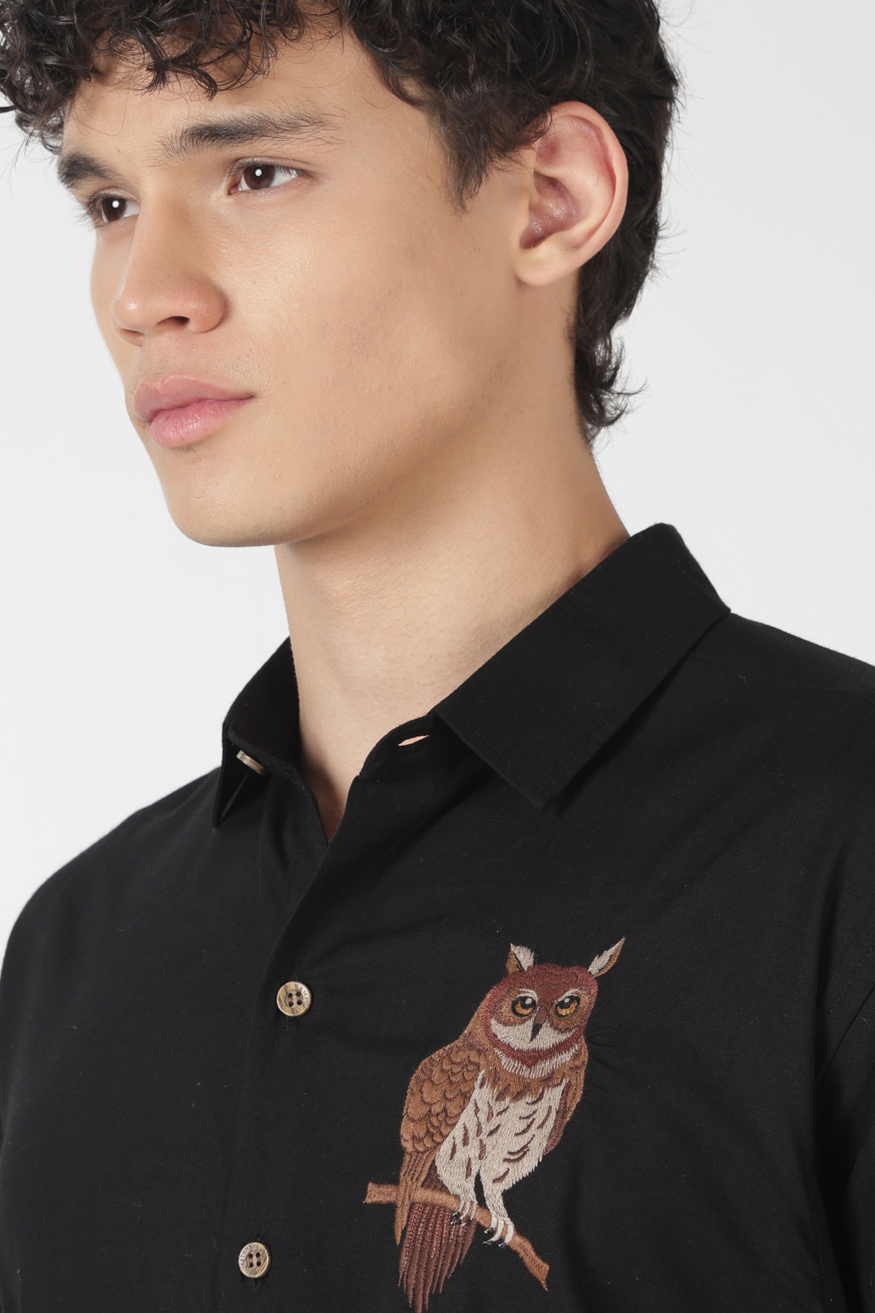 Nocturnal Owl Cotton Regular Fit Black Embroidered Shirt