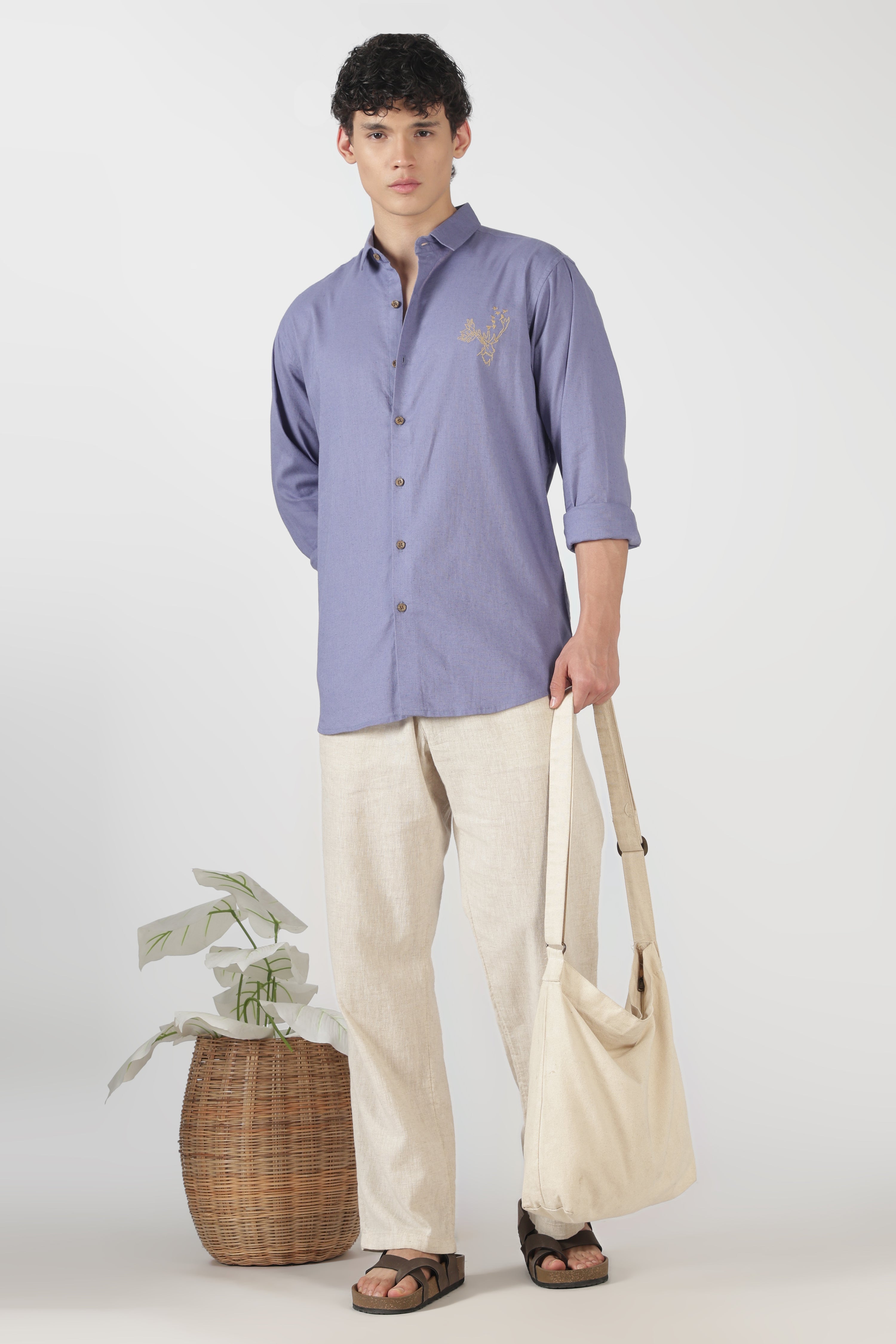 Golden Stag Ember Cotton Regular Fit Purple Embroidered Shirt