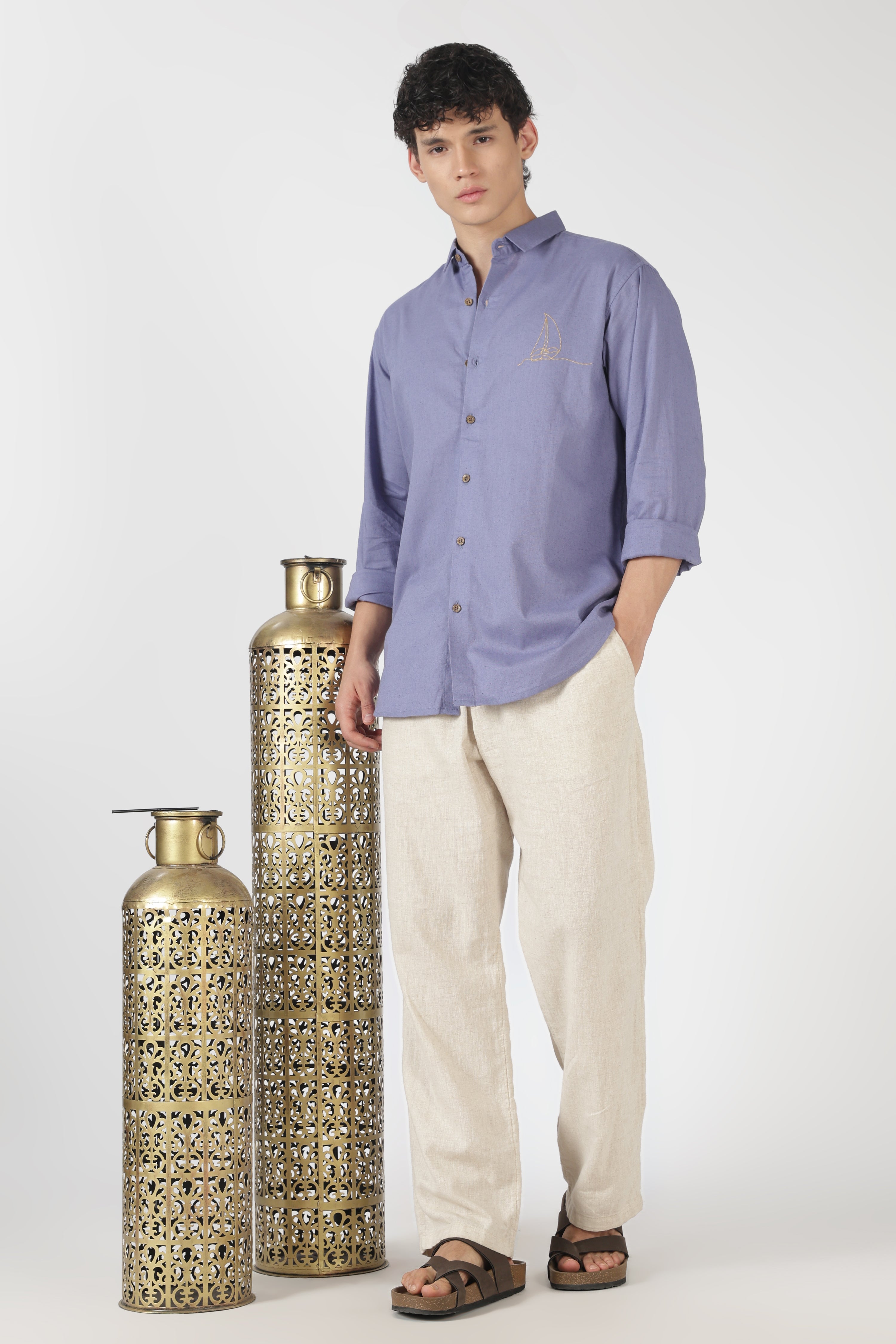 Drift Sail Cotton Regular Fit Purple Embroidered Shirt