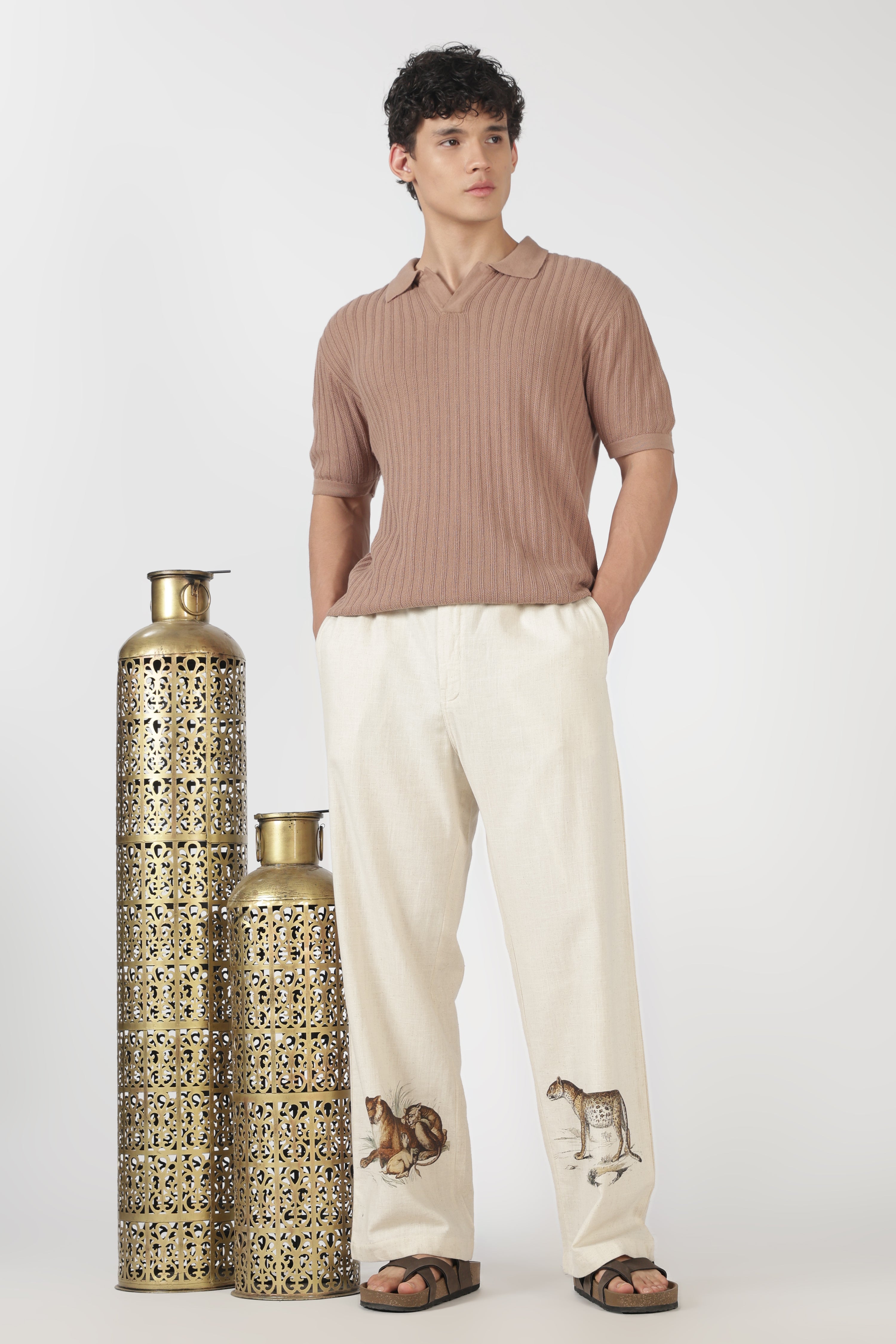 Savannah Trail Linen Style Relaxed Fit Beige Printed Pant