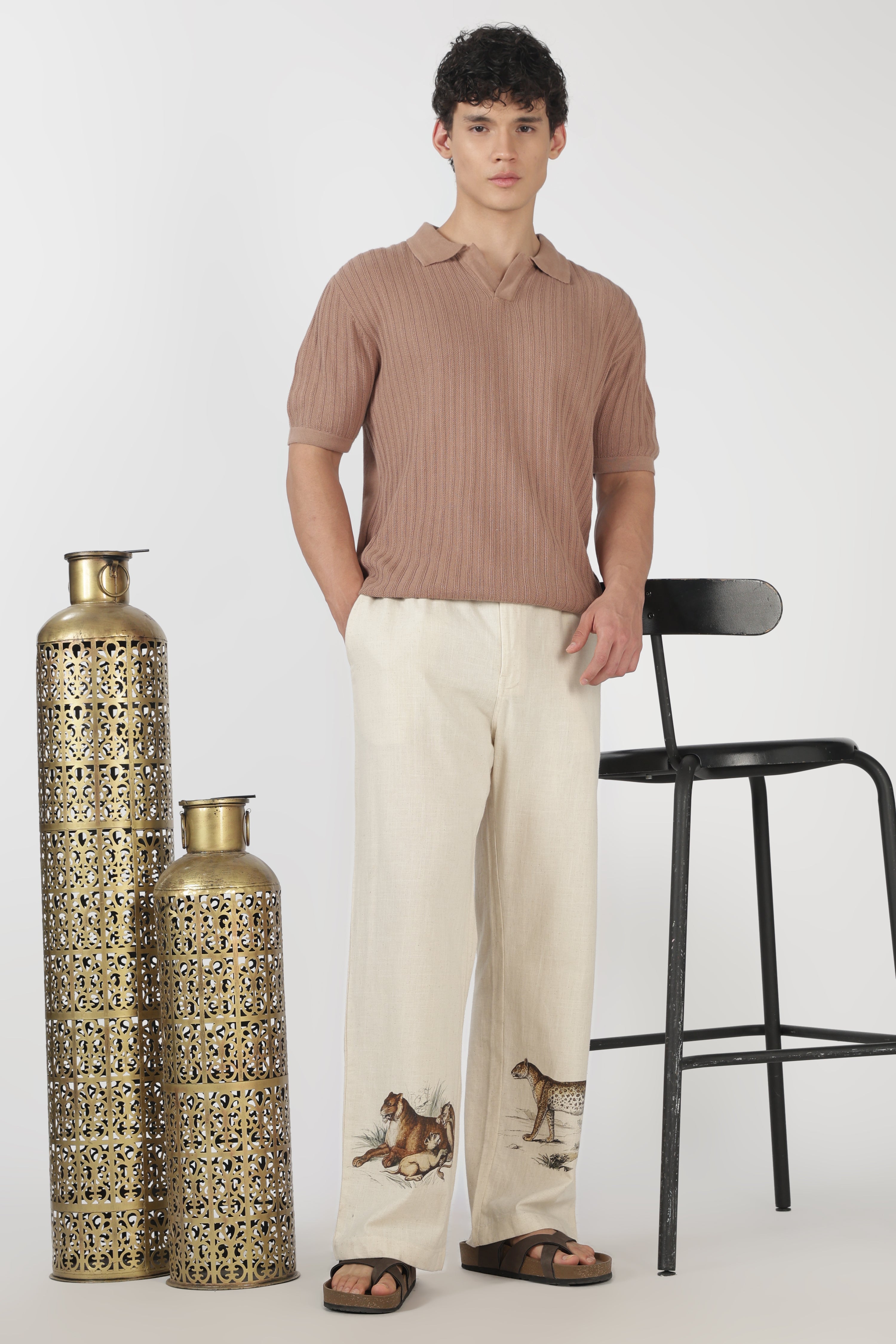 Savannah Trail Linen Style Relaxed Fit Beige Printed Pant