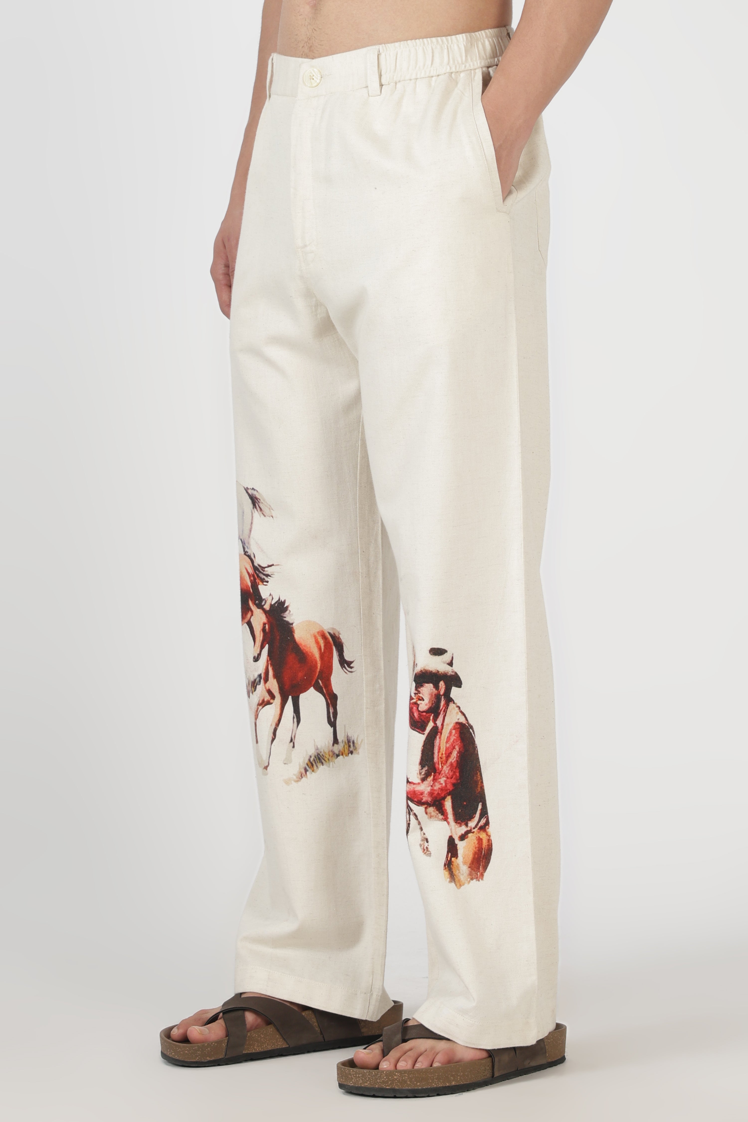 Frontier Spirit Linen Blend Relaxed Fit Beige Printed Pant