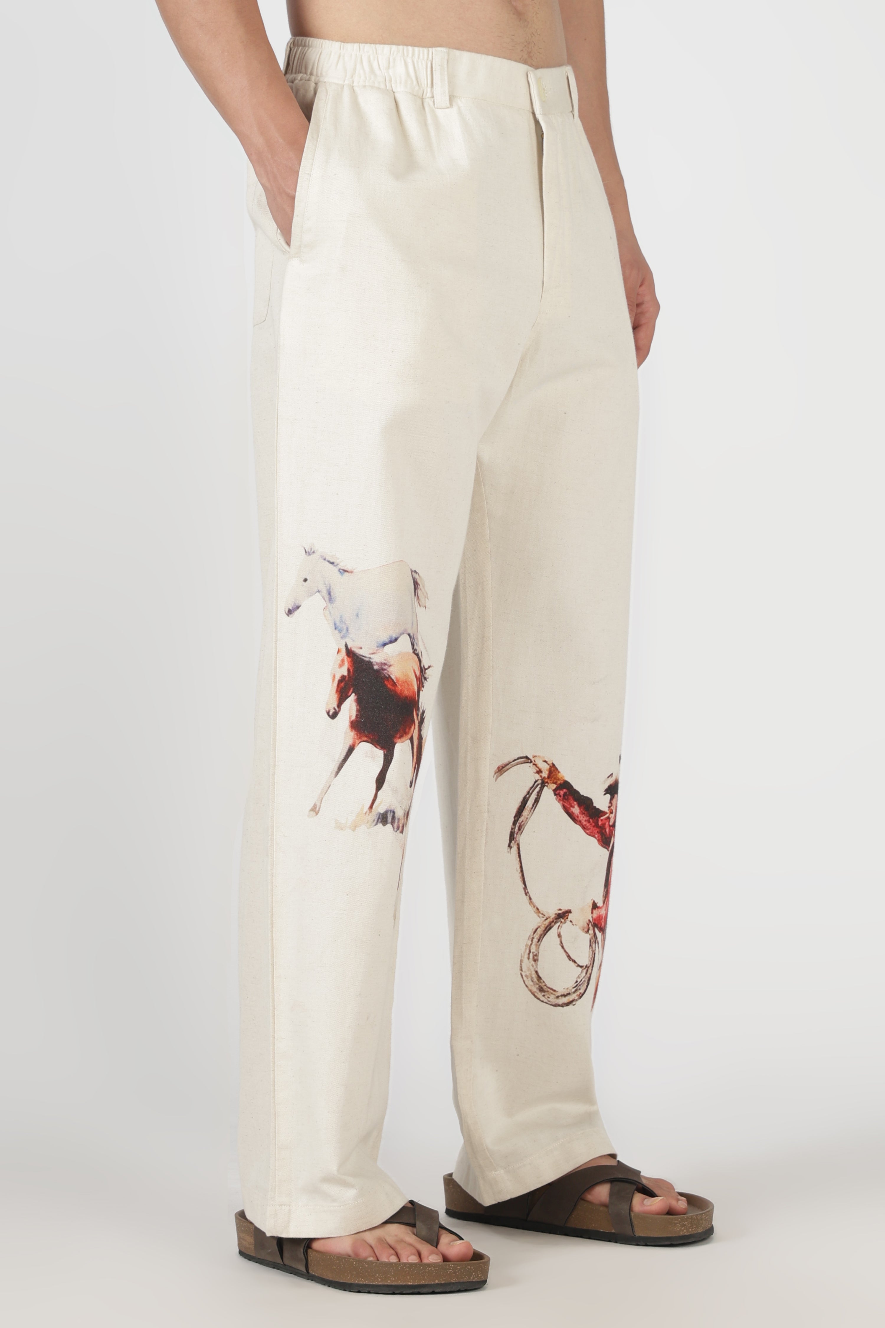 Frontier Spirit Linen Blend Relaxed Fit Beige Printed Pant