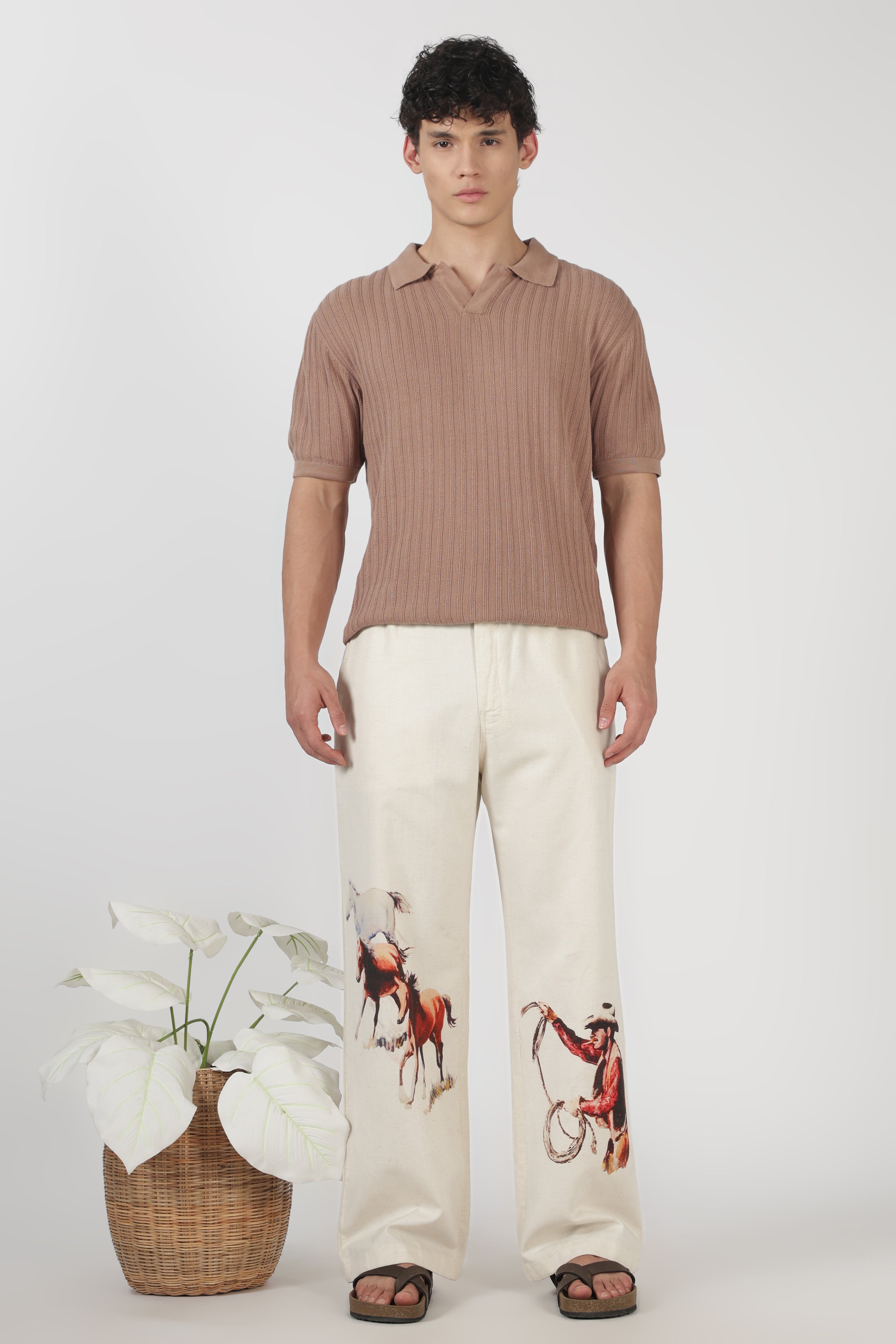 Frontier Spirit Linen Blend Relaxed Fit Beige Printed Pant