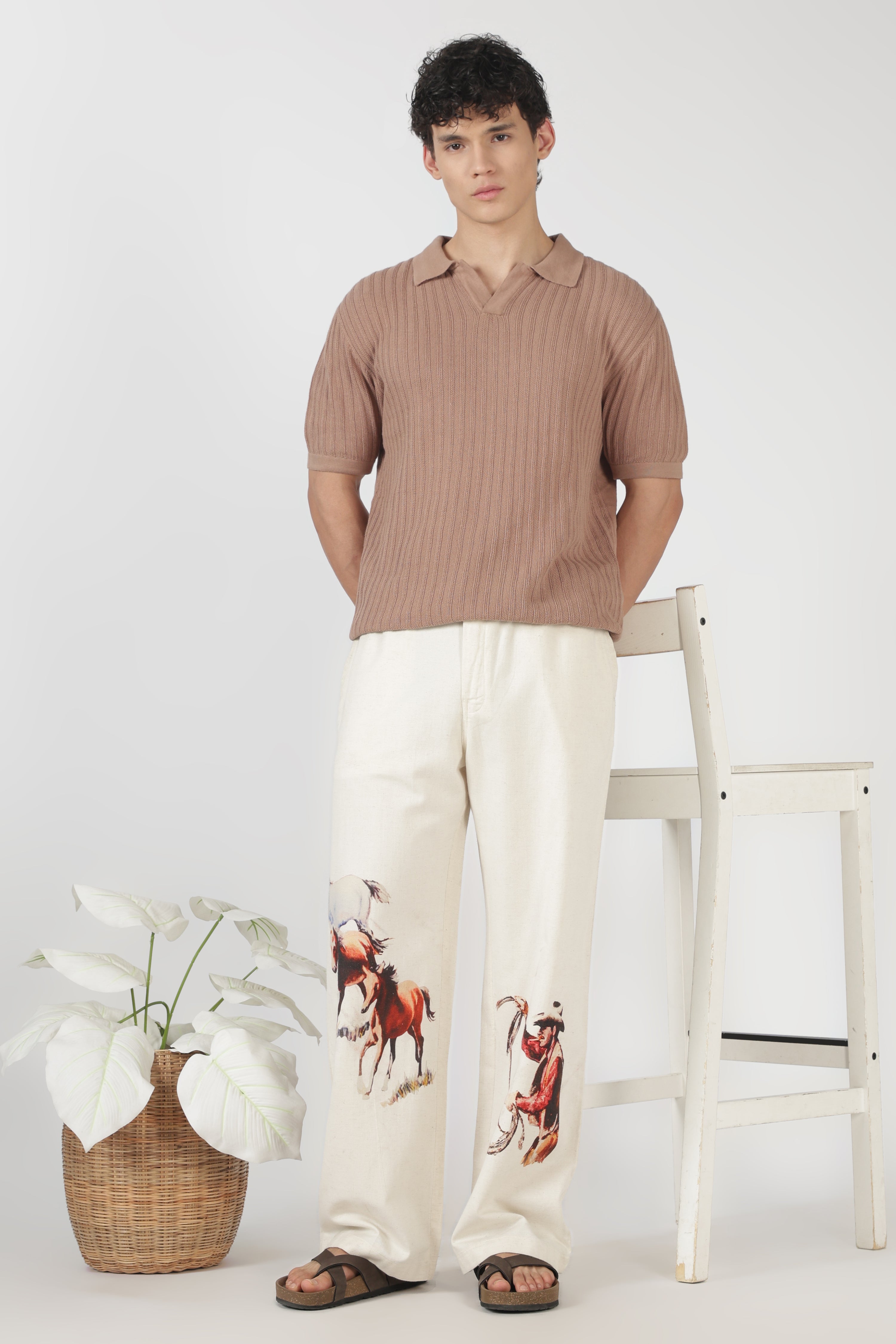 Frontier Spirit Linen Blend Relaxed Fit Beige Printed Pant