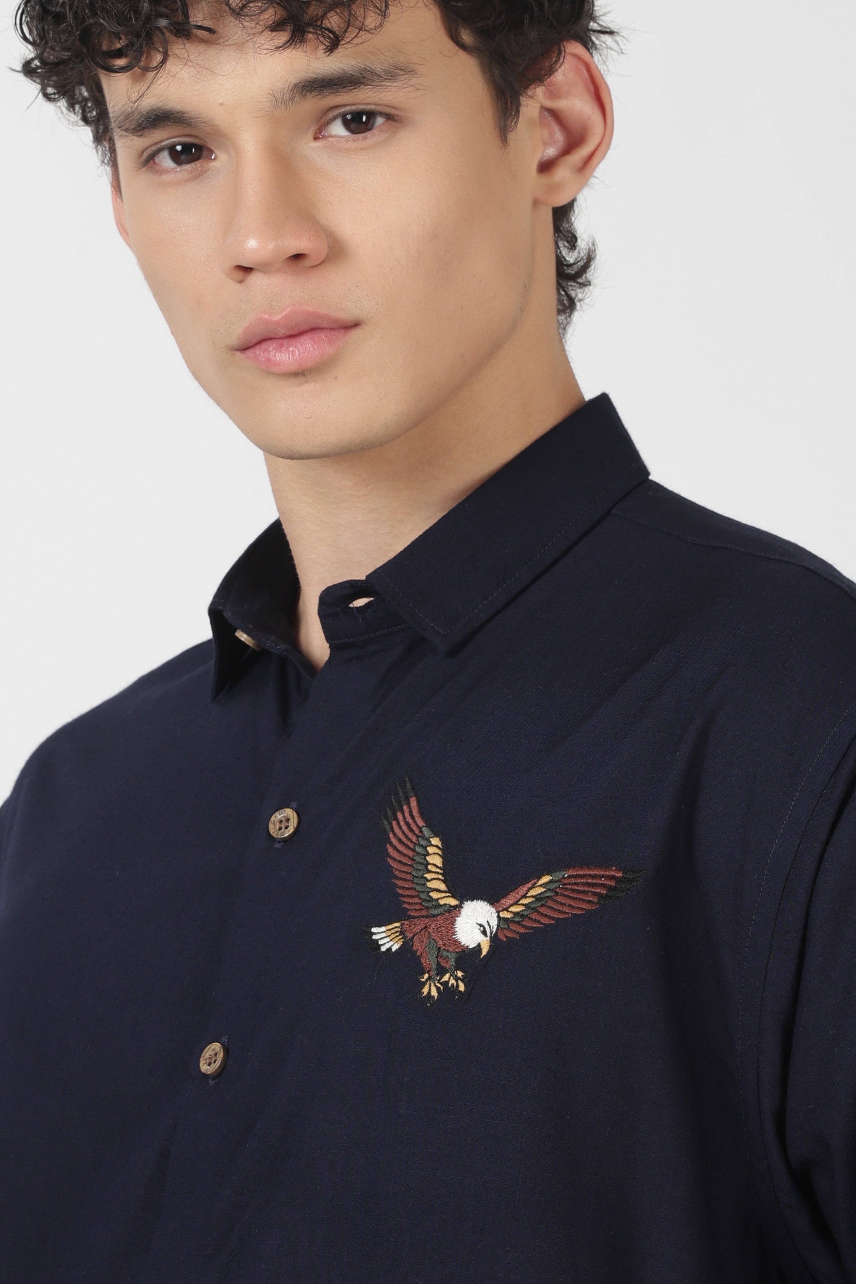 Striking Eagle Cotton Regular Fit Blue Embroidered Shirt