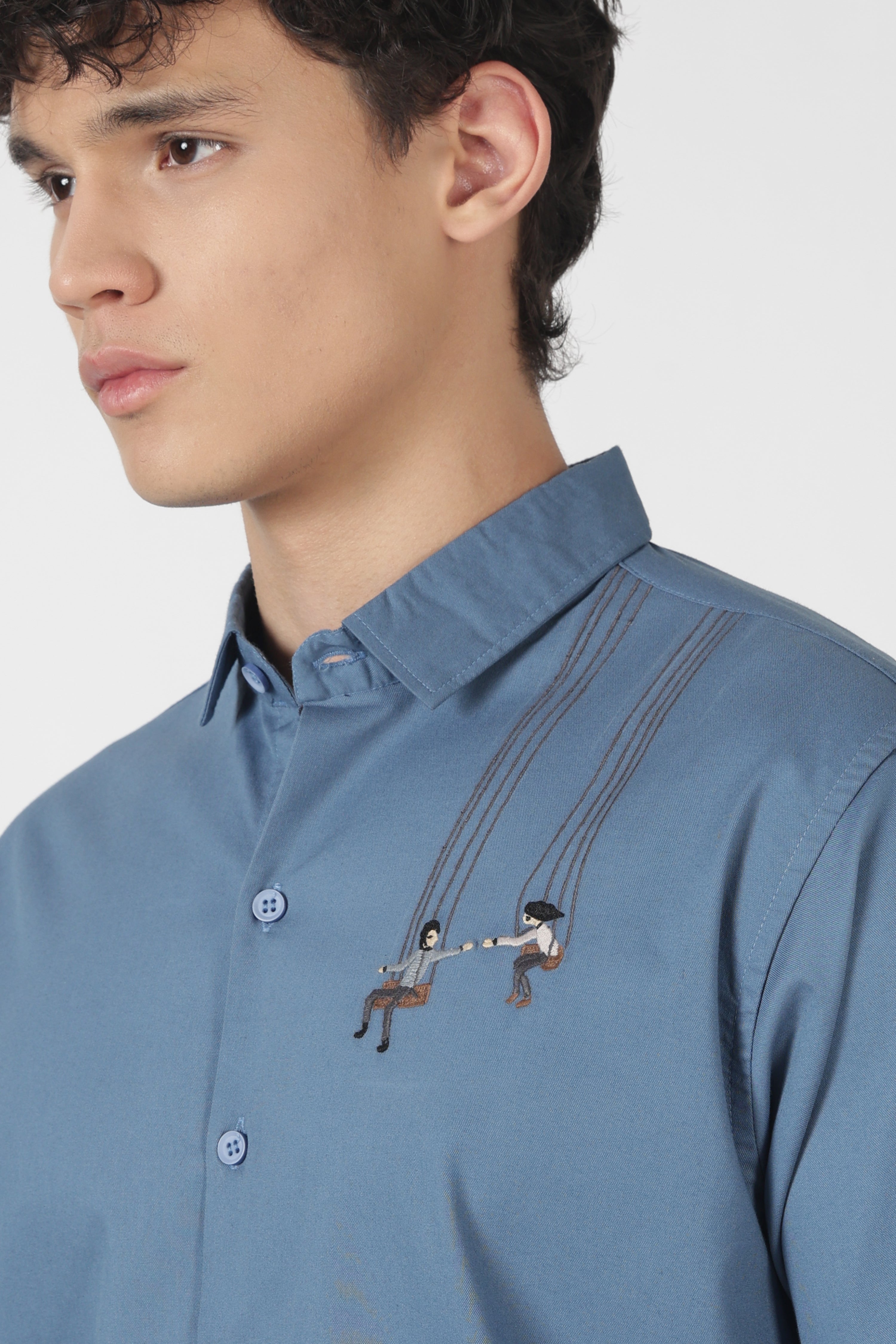 Playful Swing Couple Cotton Regular Fit Blue Embroidered Shirt