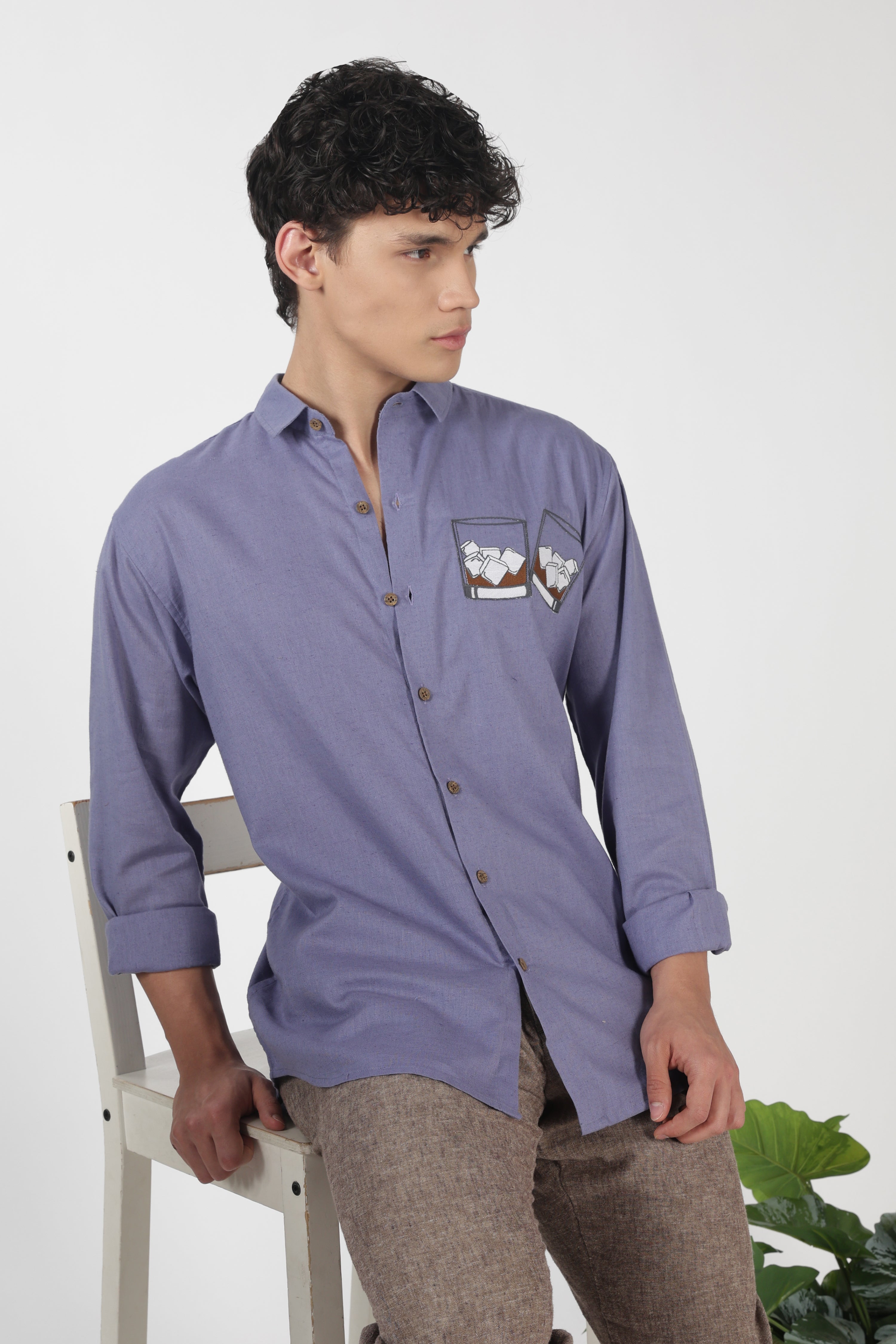 Whiskey Tales Cotton Regular Fit Purple Embroidered Shirt
