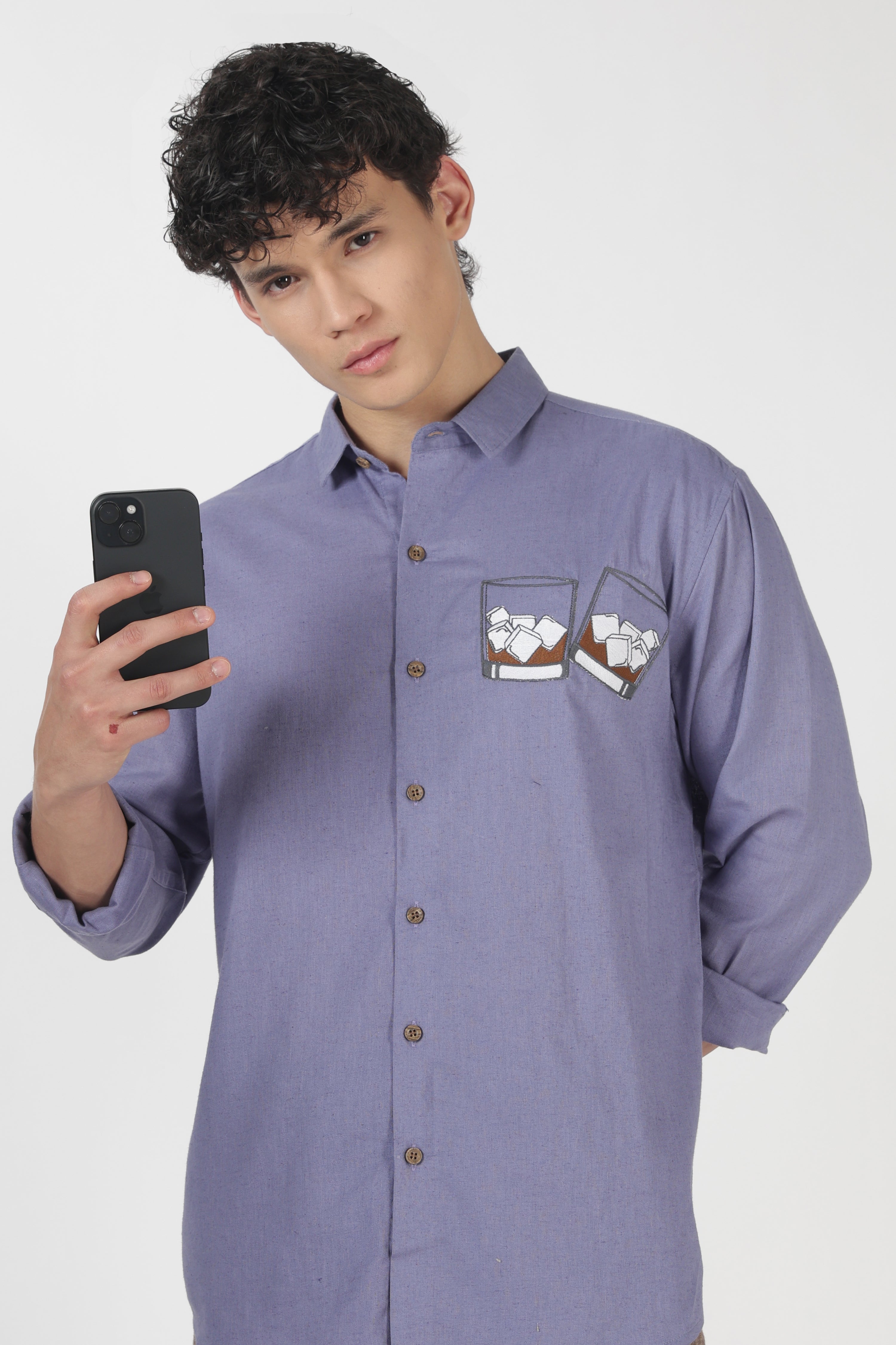 Whiskey Tales Cotton Regular Fit Purple Embroidered Shirt