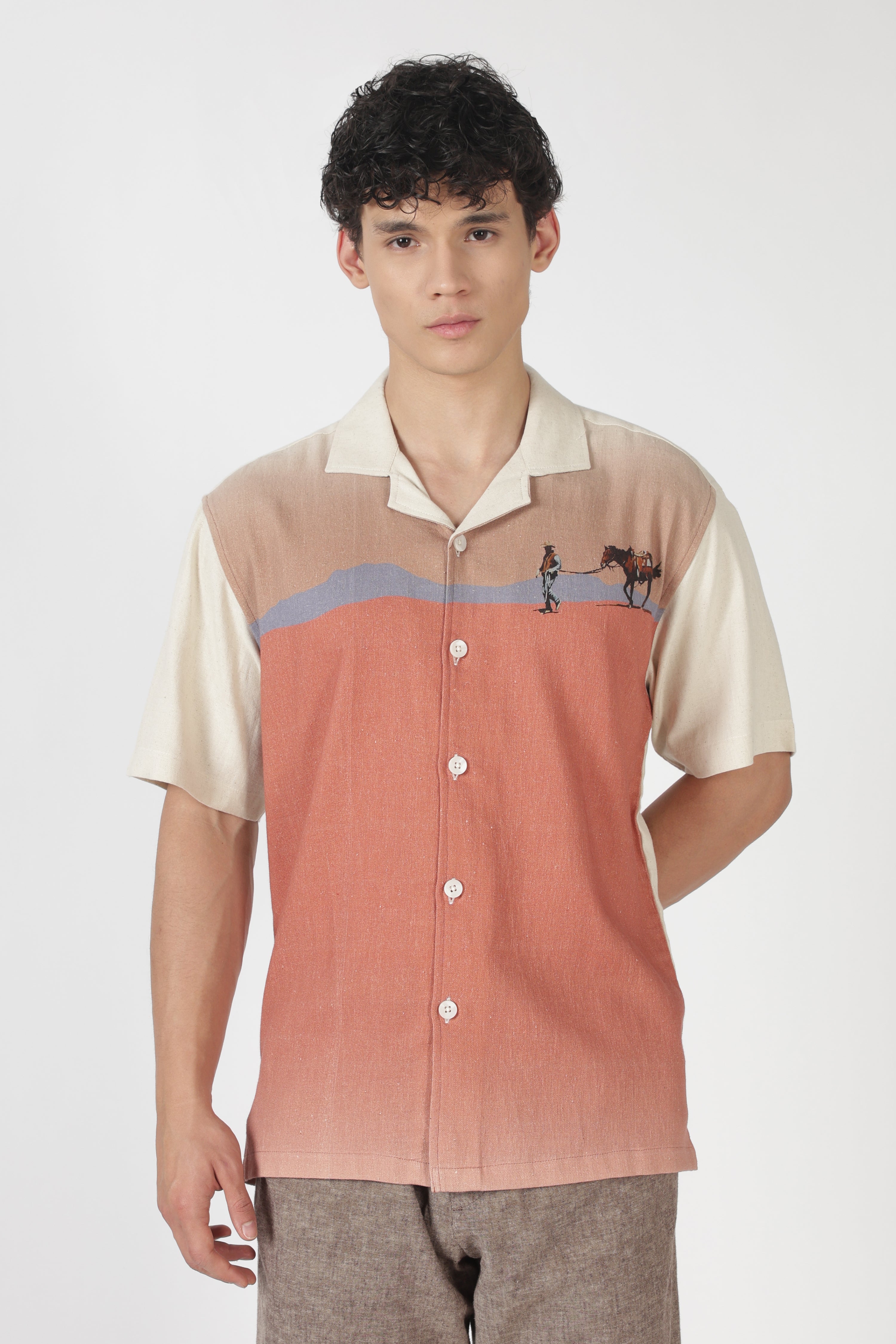 Desert Caravan Cotton Box Fit Beige Printed Shirt