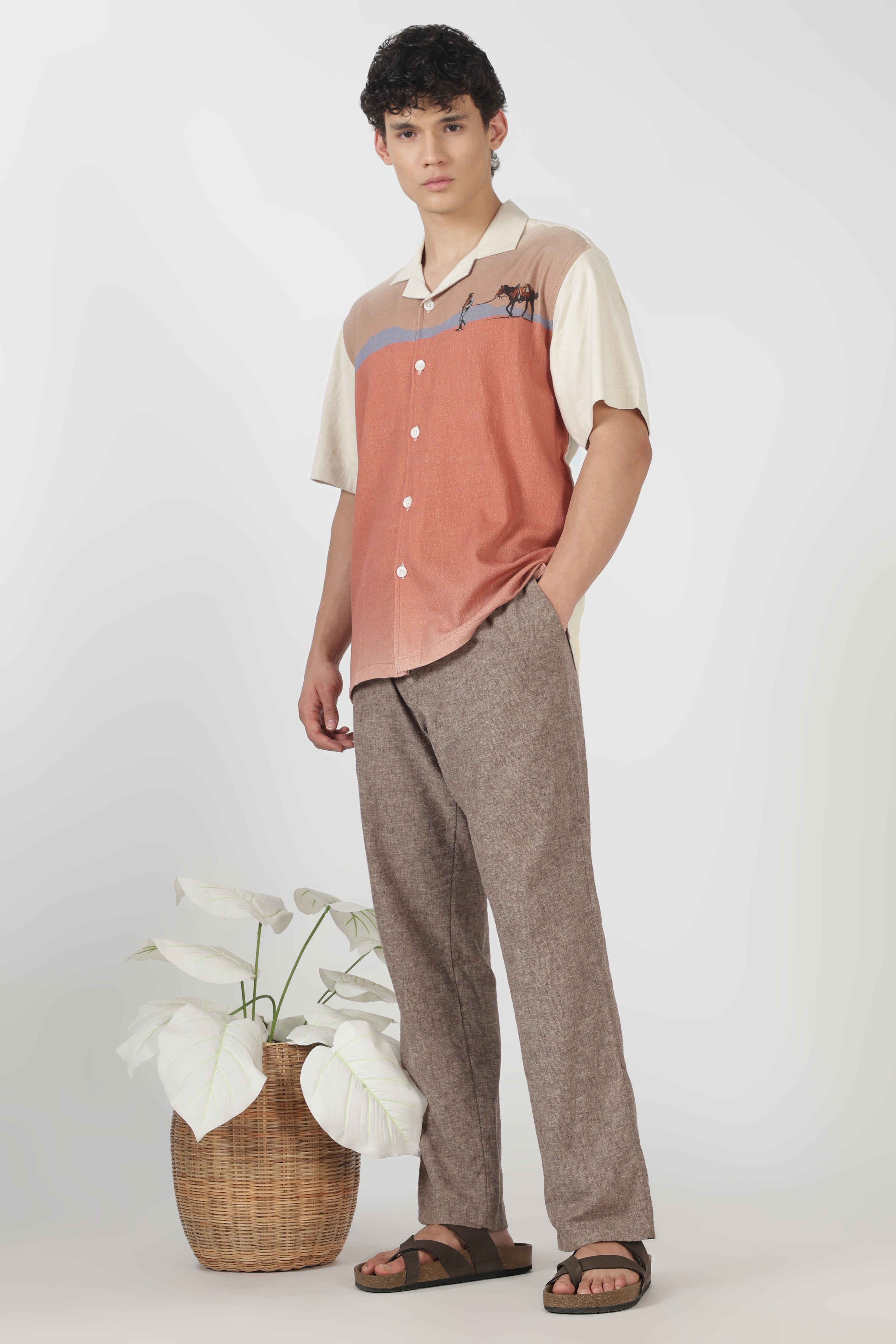 Desert Caravan Cotton Box Fit Beige Printed Shirt