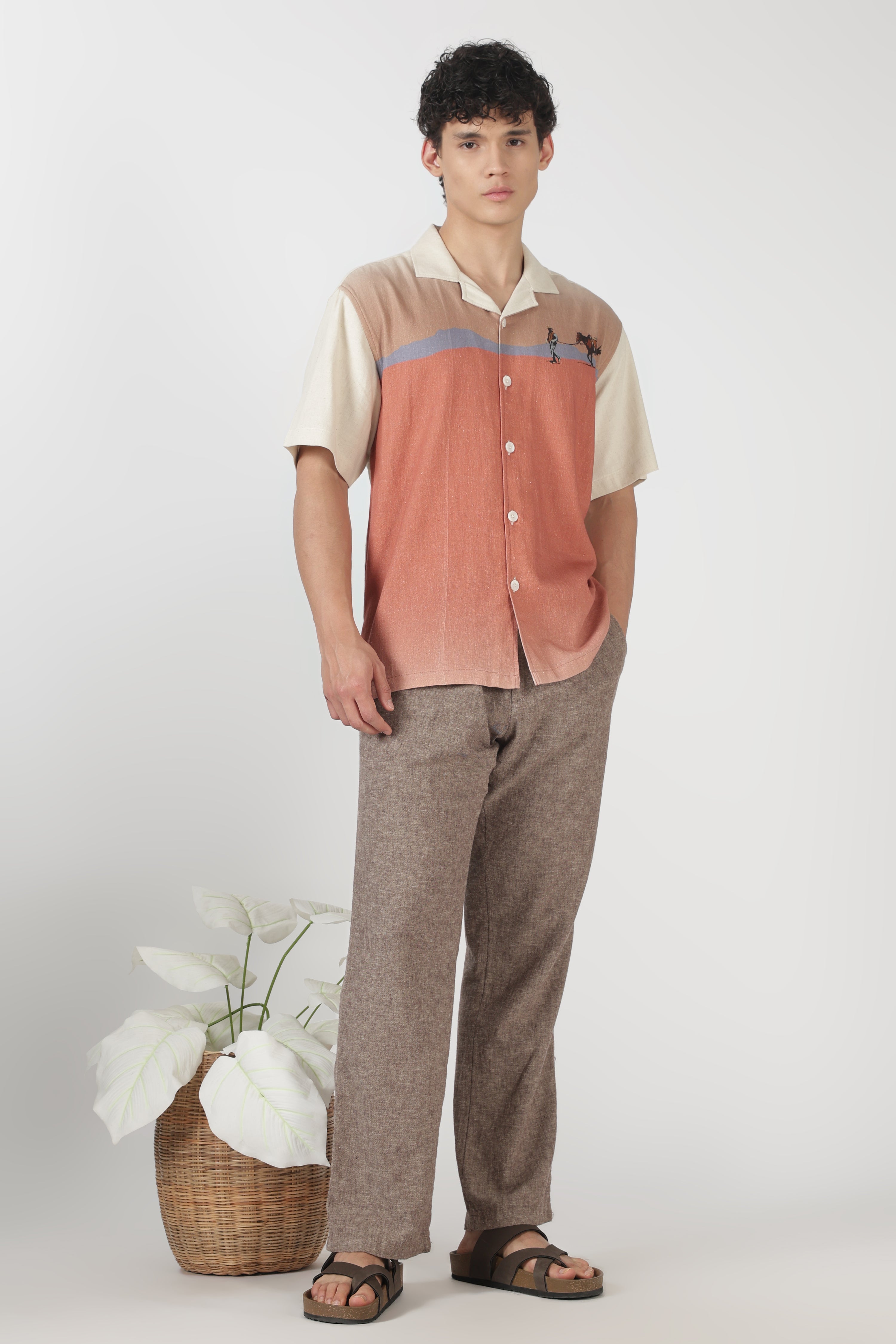 Desert Caravan Cotton Box Fit Beige Printed Shirt