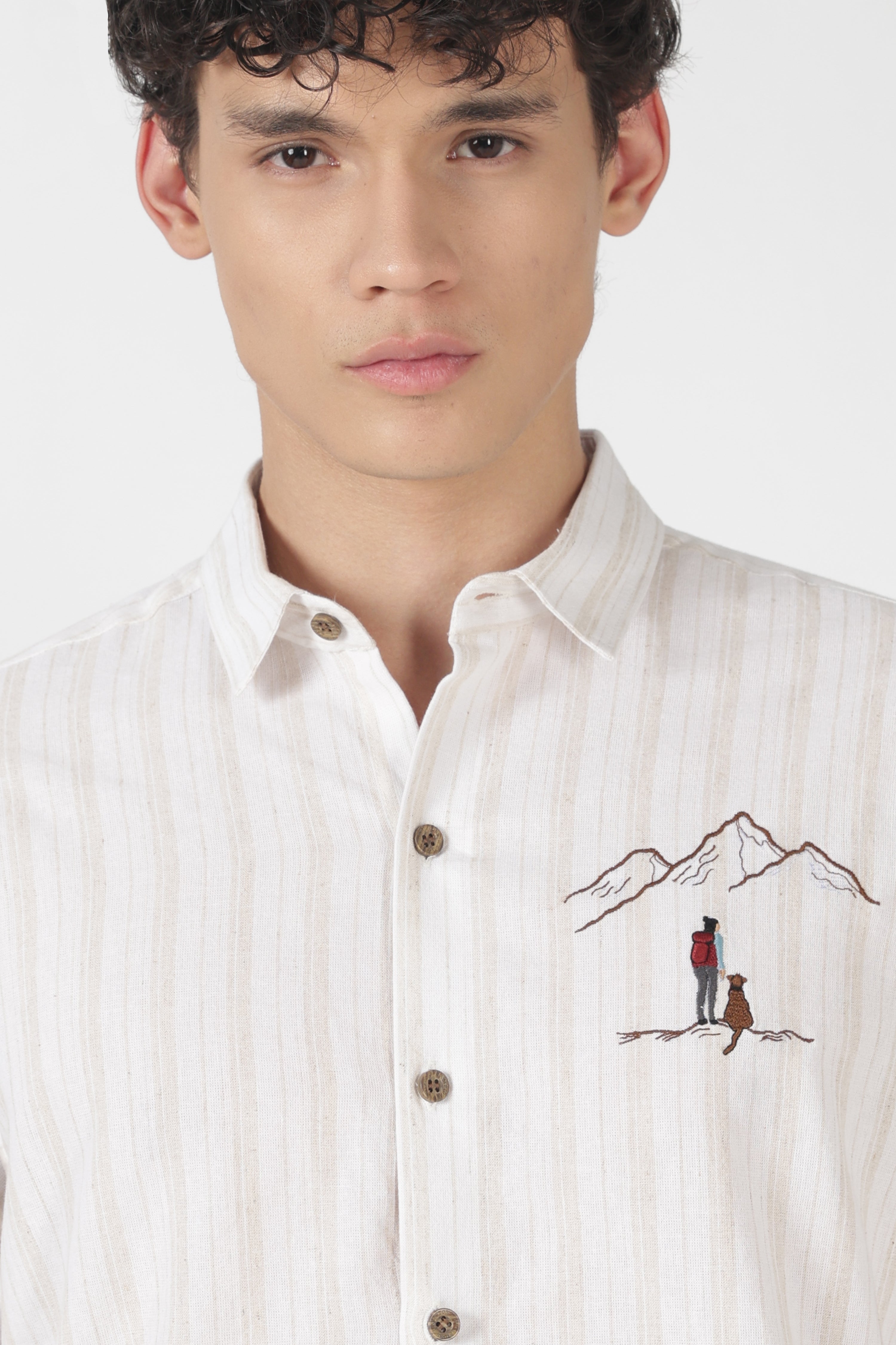 Summit Trails Cotton Regular Fit Off White Striped Embroidered Shirt