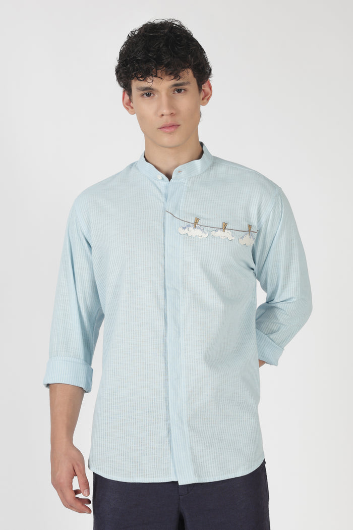 Cloudline Cotton Regular Fit Sky Blue Embroidered Shirt