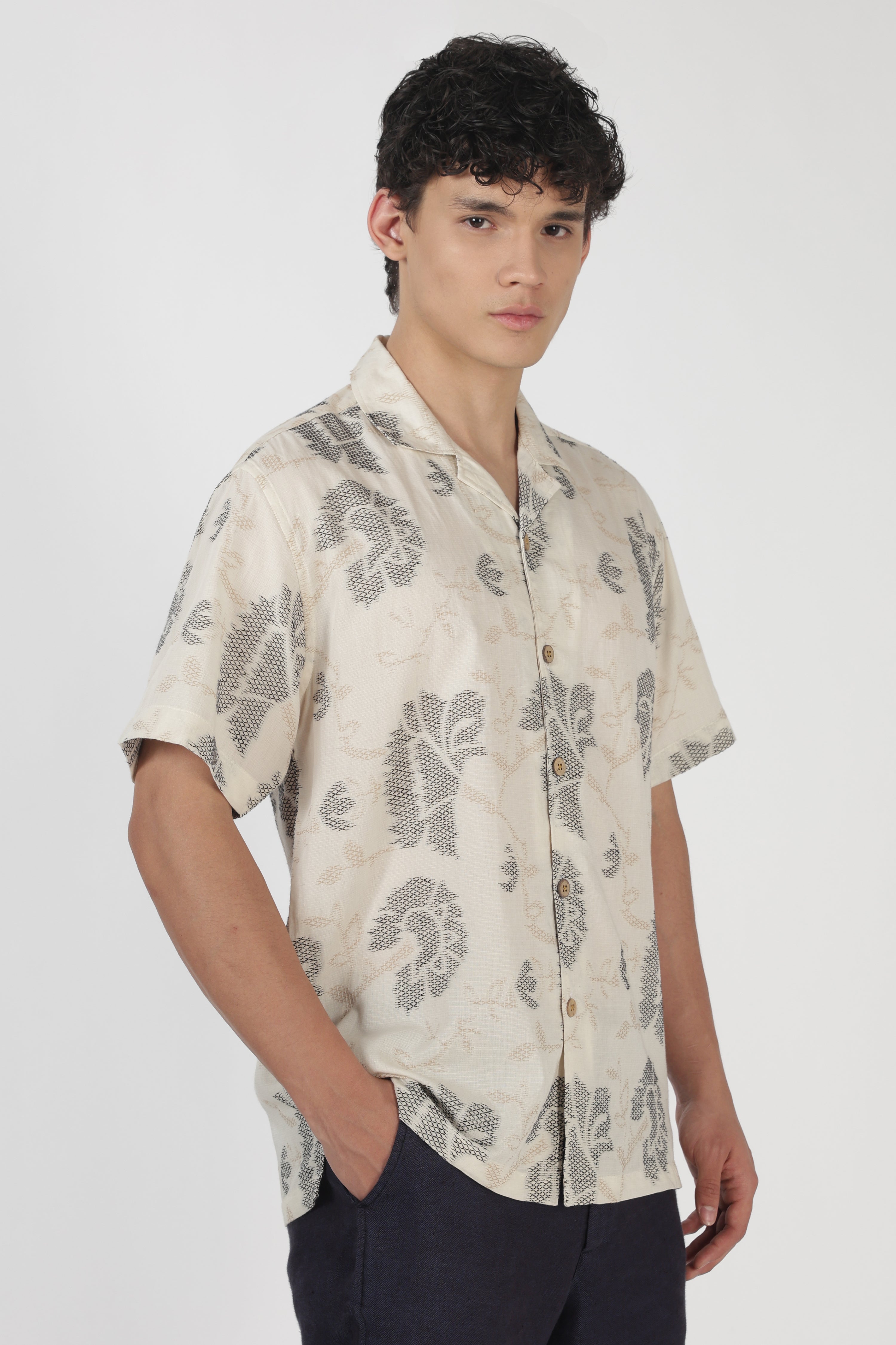 Desert Paisley Cotton Box Fit Beige Embroidered Shirt