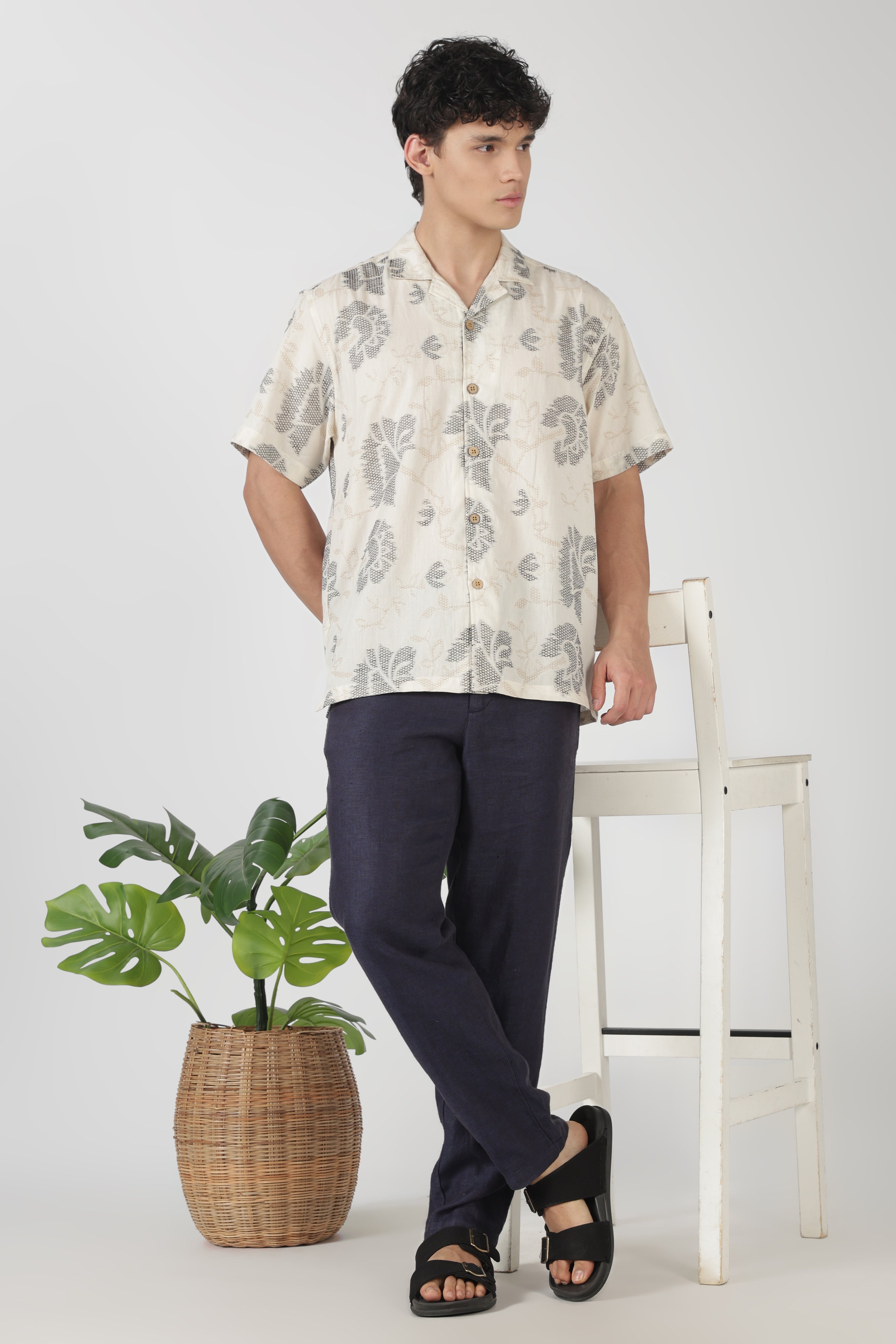 Desert Paisley Cotton Box Fit Beige Embroidered Shirt