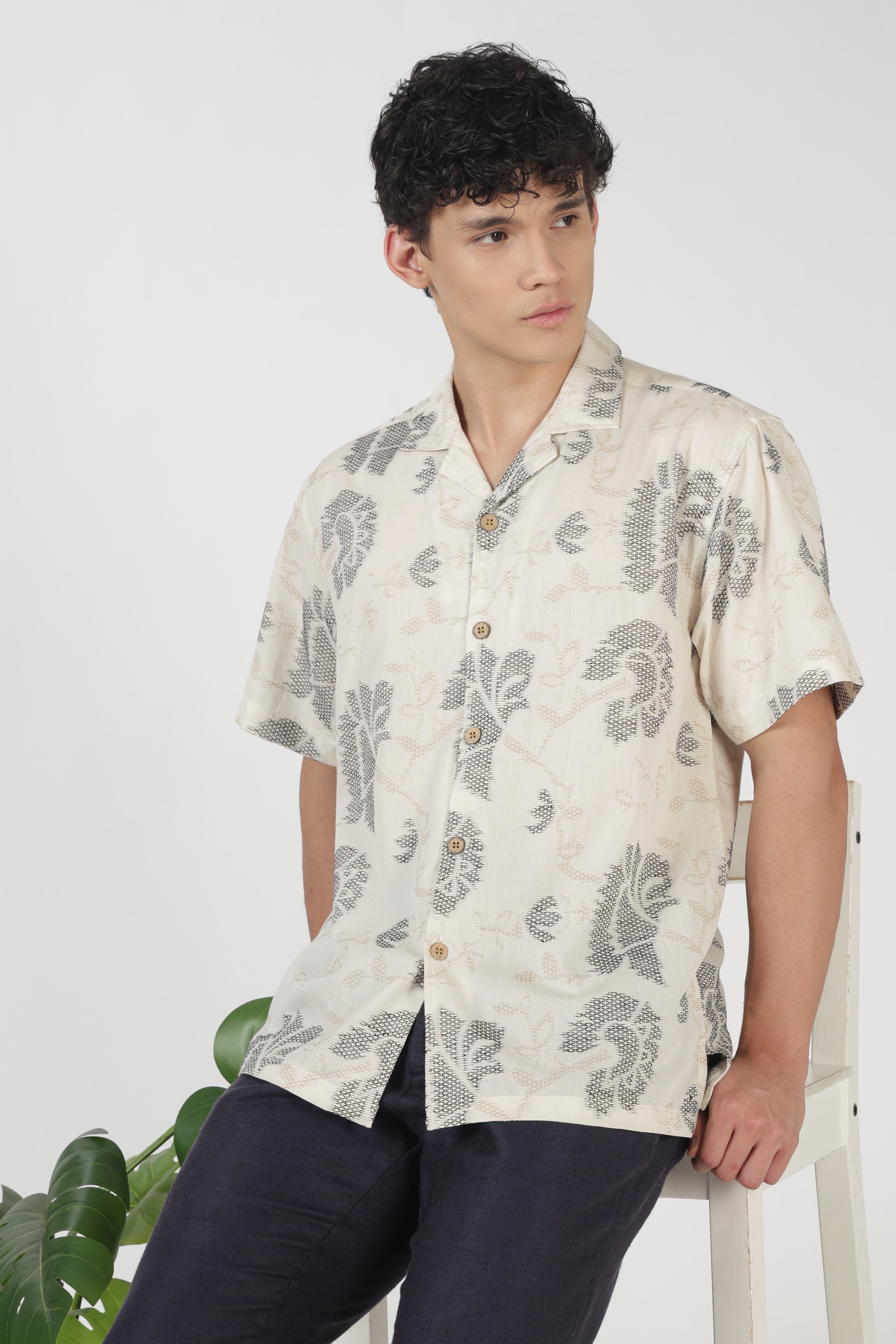 Desert Paisley Cotton Box Fit Beige Embroidered Shirt