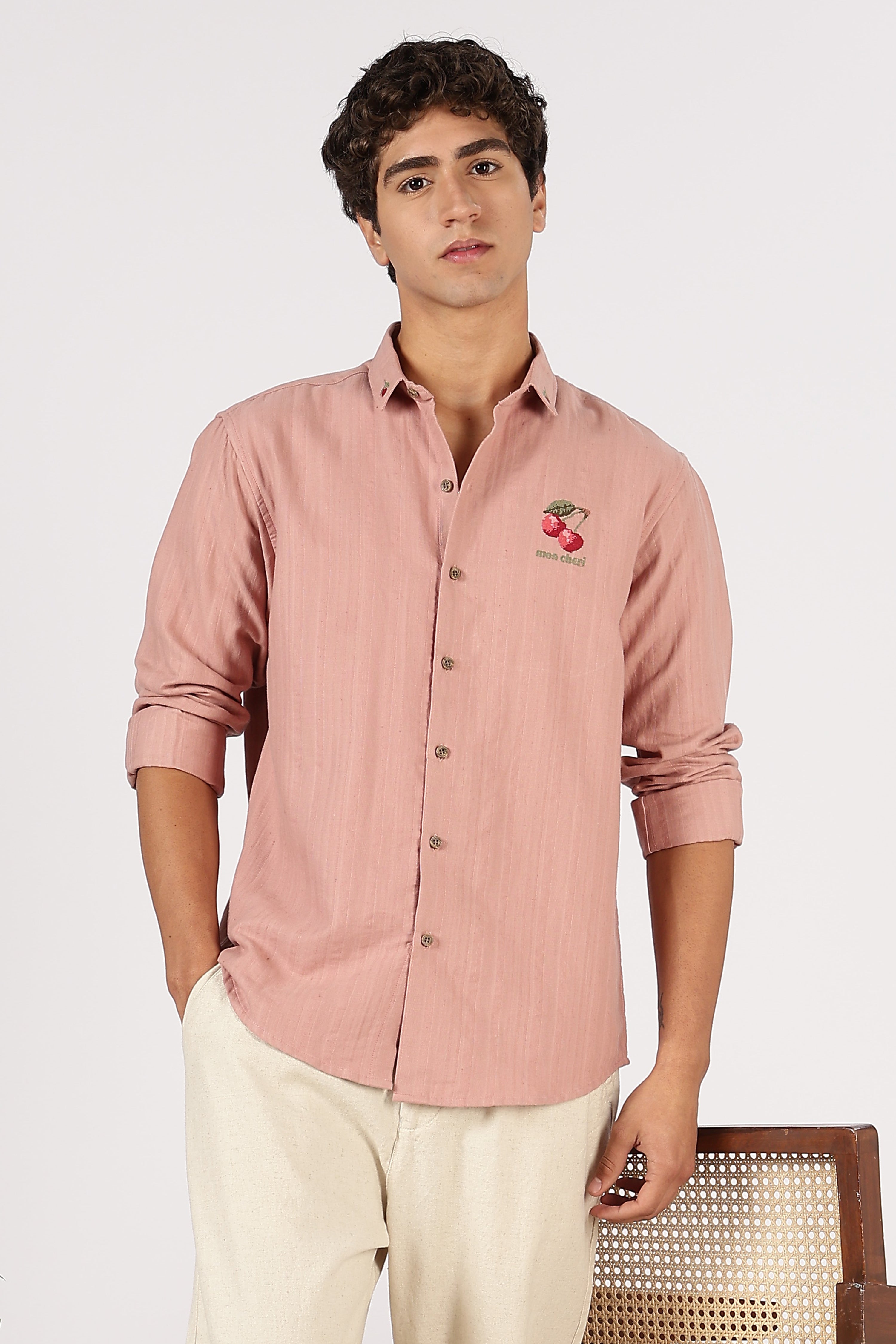 Subtle Cherry Cotton Regular Fit Blush Pink Striped Shirt