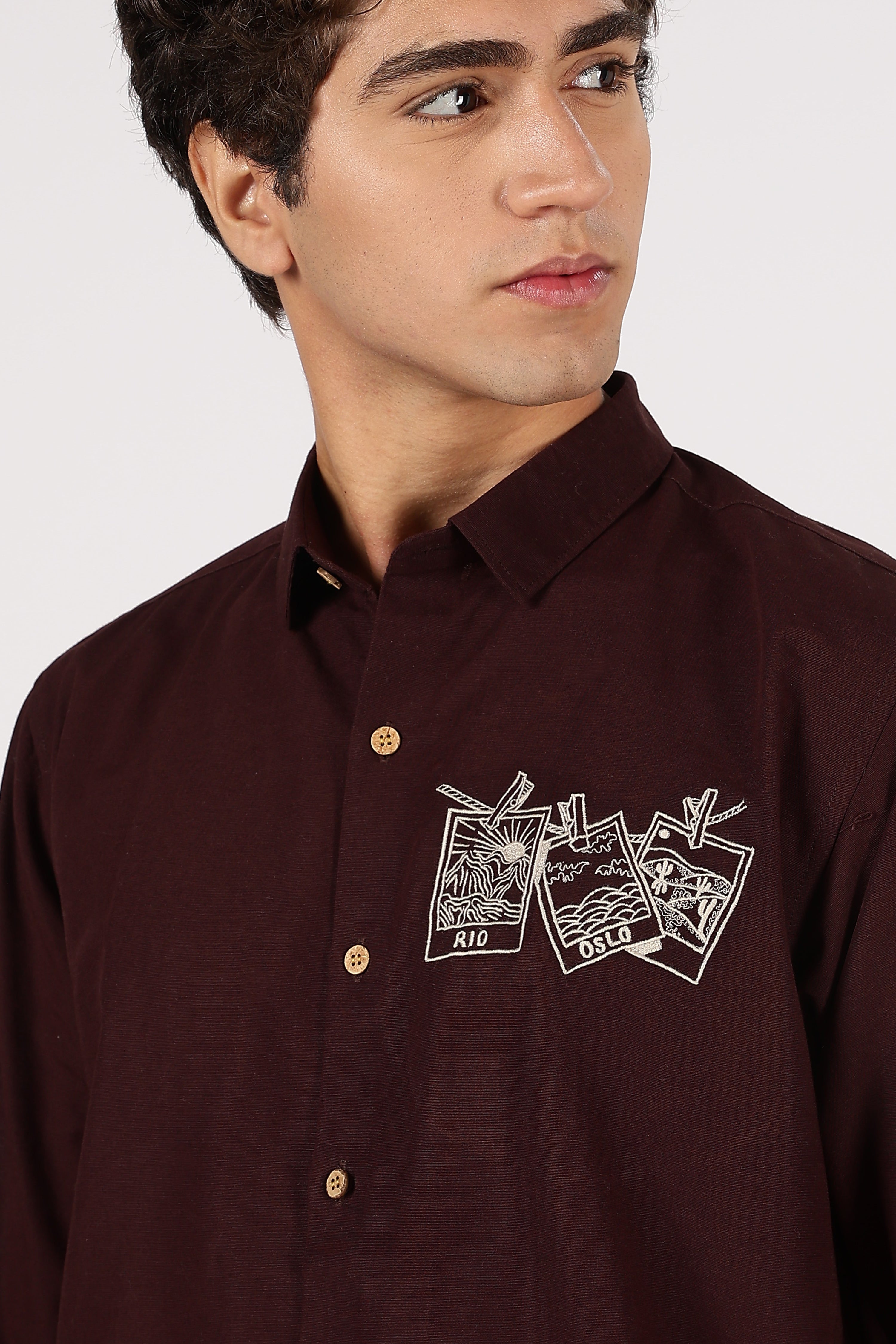 Rio & Oslo Graphic Cotton Regular Fit Brown Embroidered Shirt
