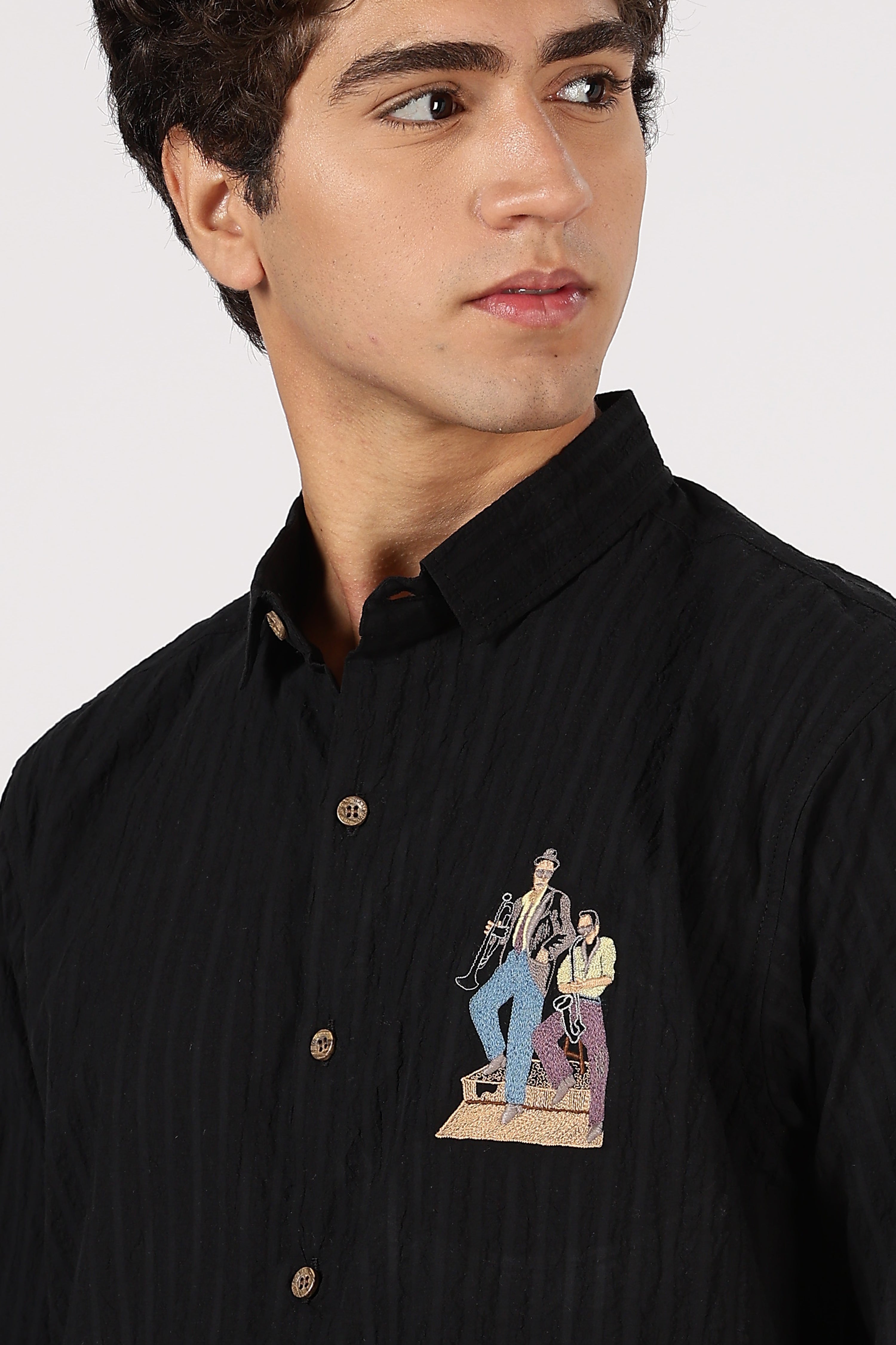 Midnight Jazz Cotton Regular Fit Black Striped Shirt