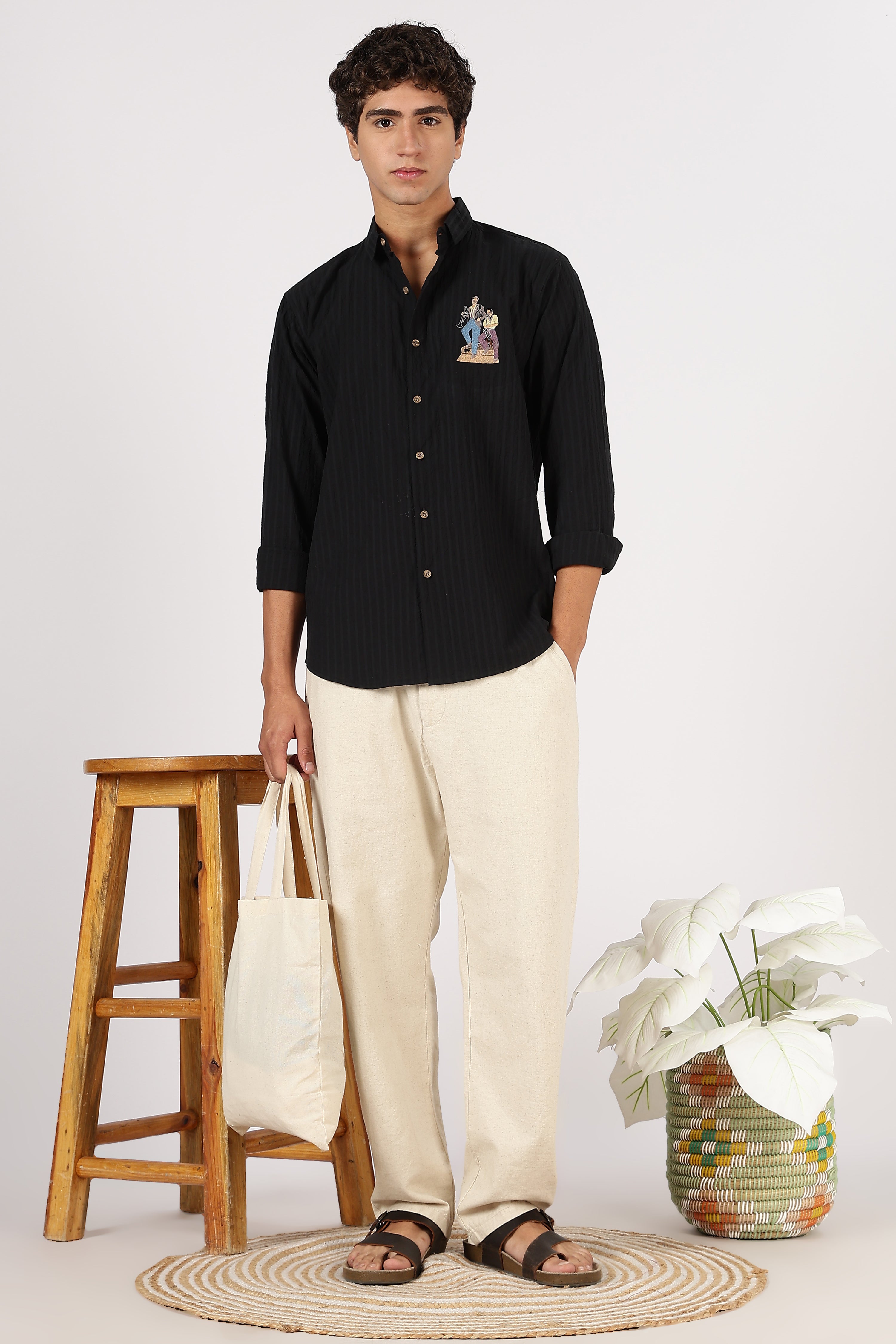 Midnight Jazz Cotton Regular Fit Black Striped Shirt