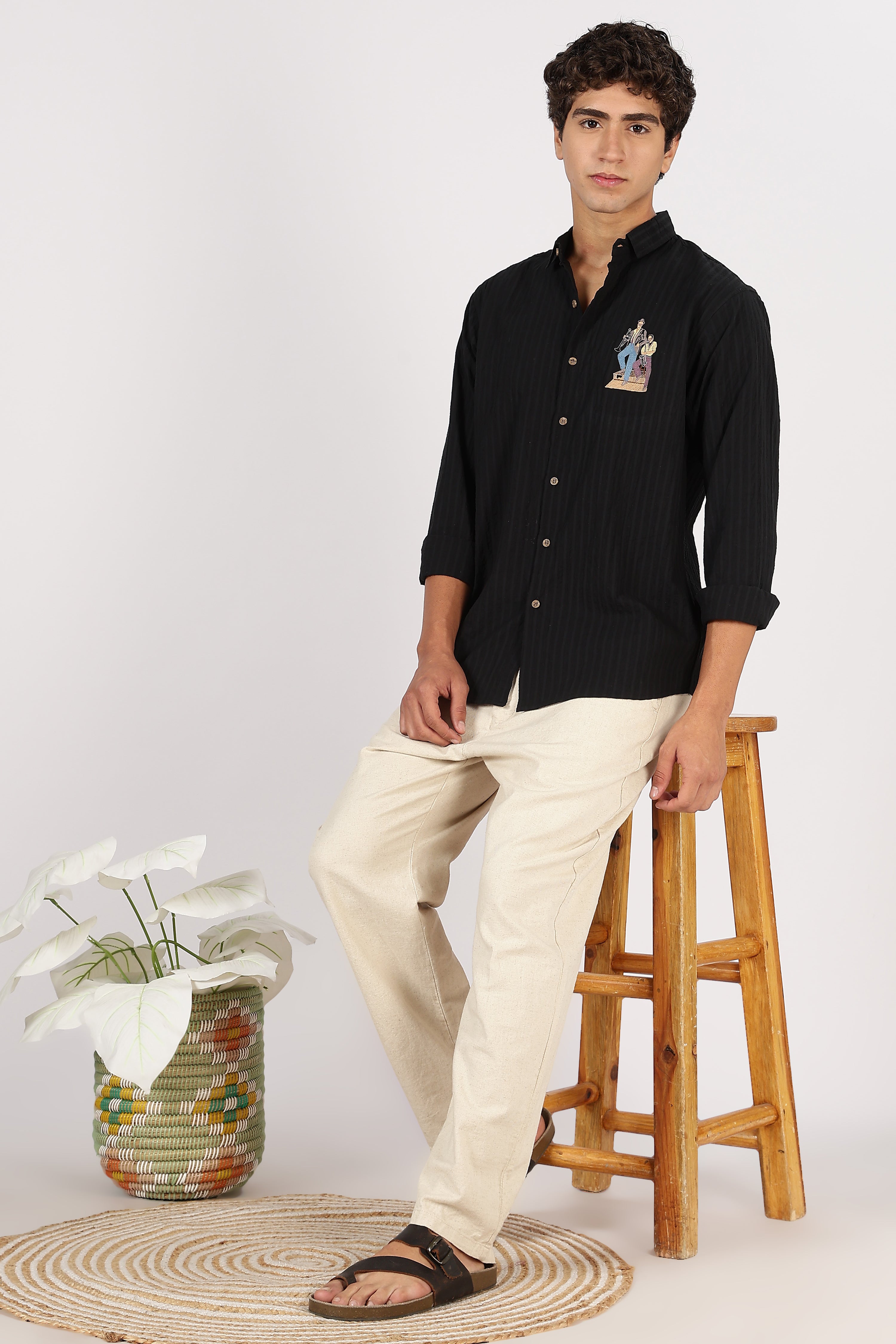 Midnight Jazz Cotton Regular Fit Black Striped Shirt