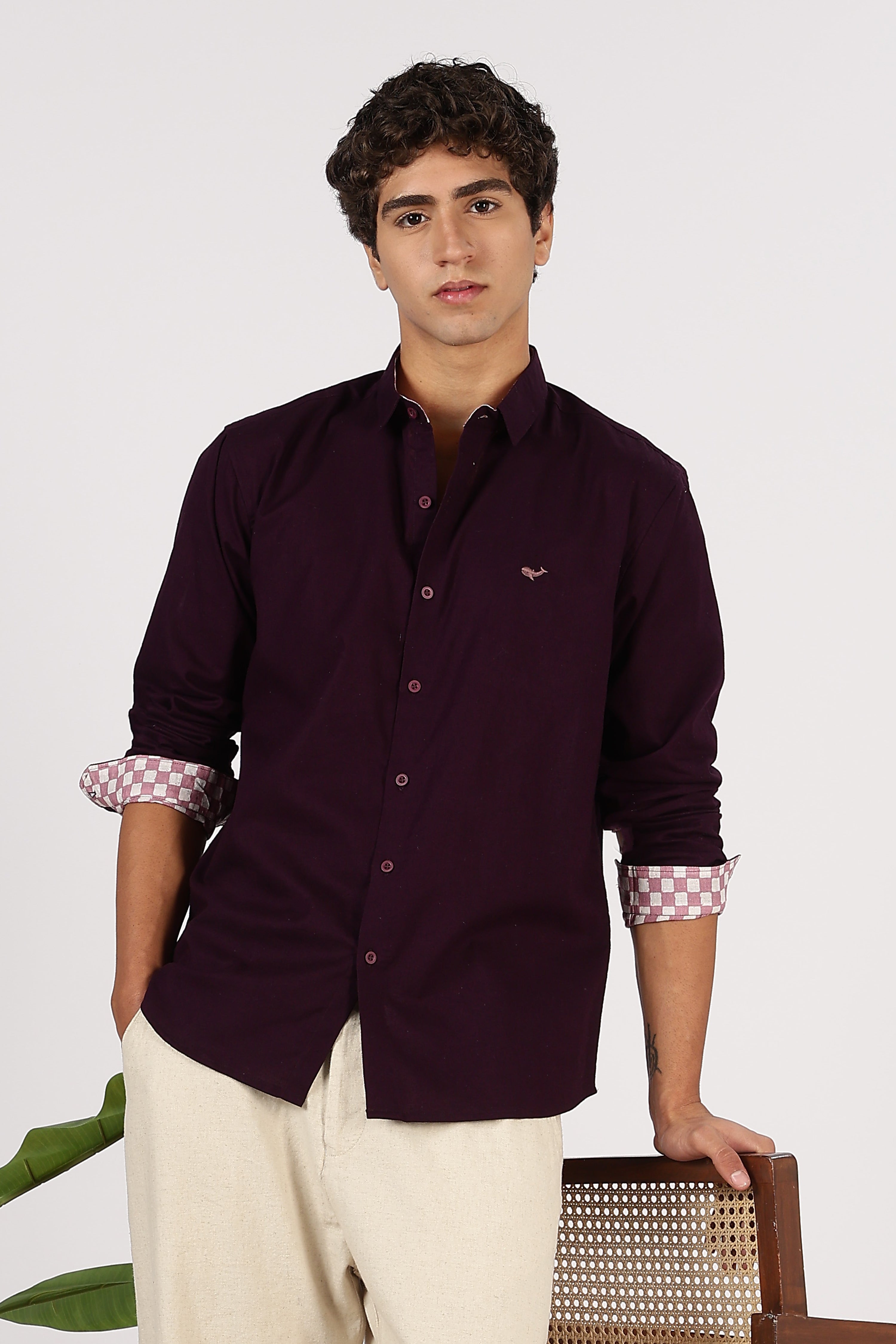 Burgundy Crest Cotton Regular Fit Purple Embroidered Shirt