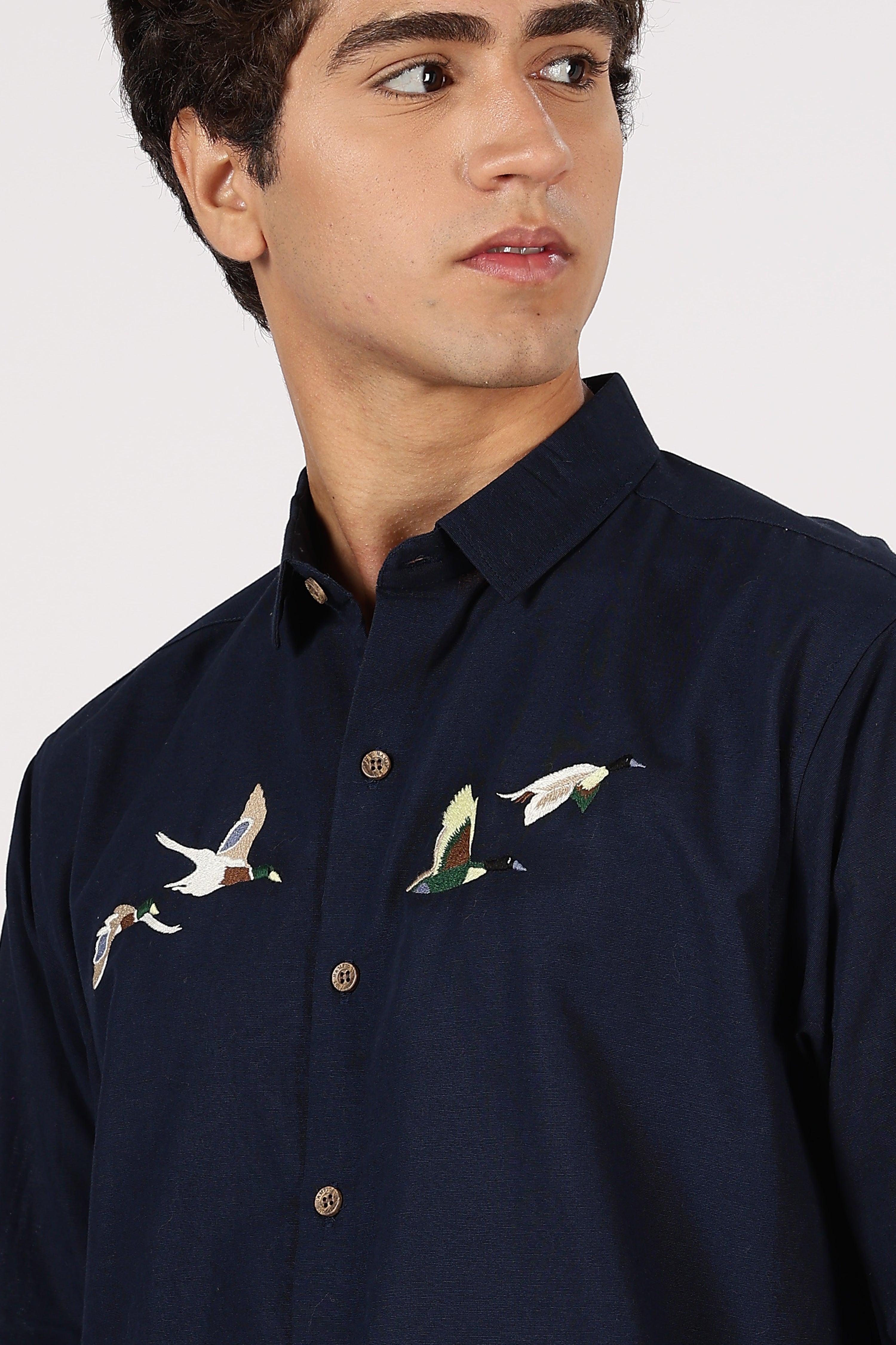 Flying Ducks Cotton Regular Fit Blue Embroidered Shirt
