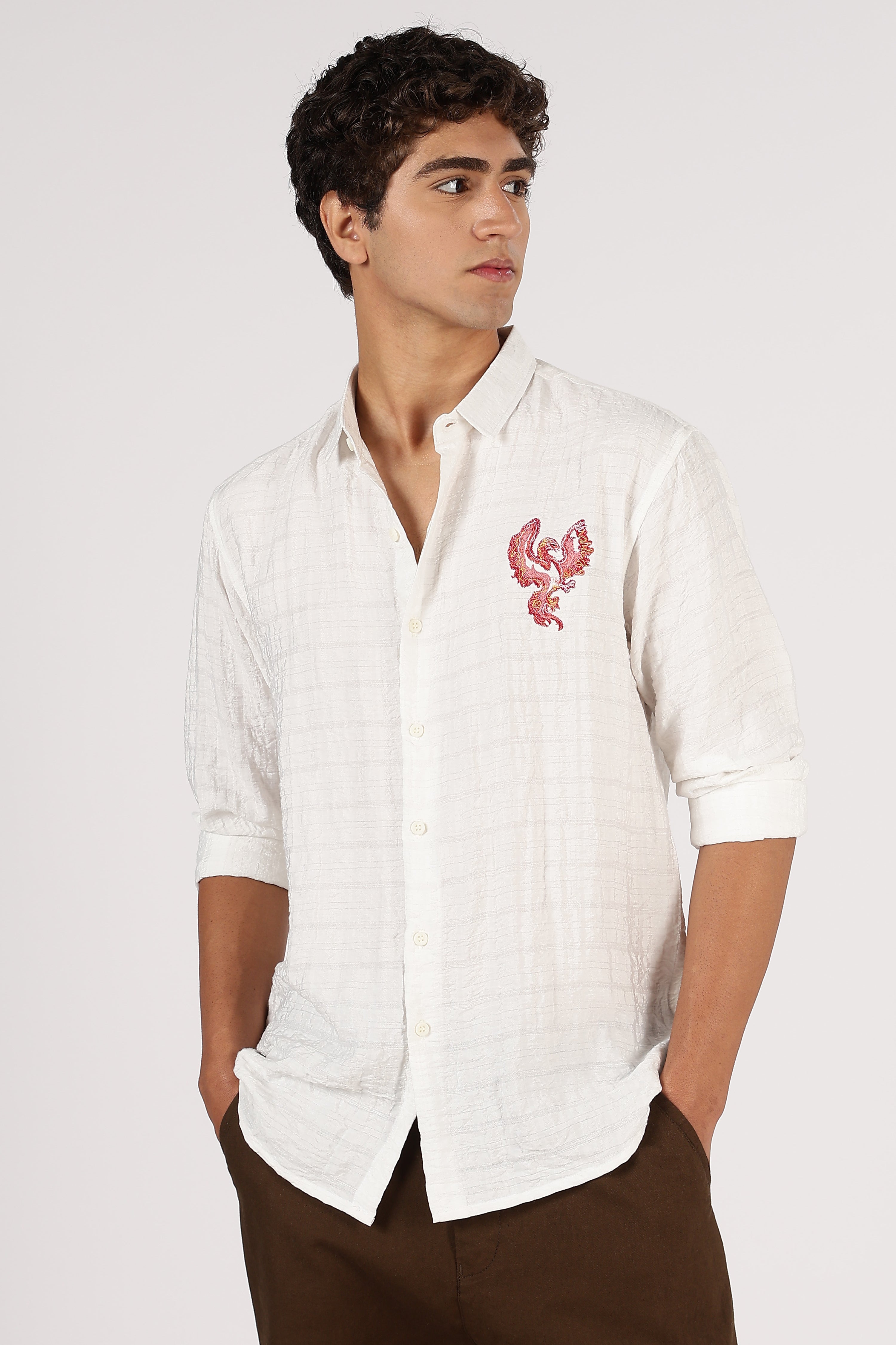 Crimson Phoenix Cotton Regular Fit White Embroidered Shirt