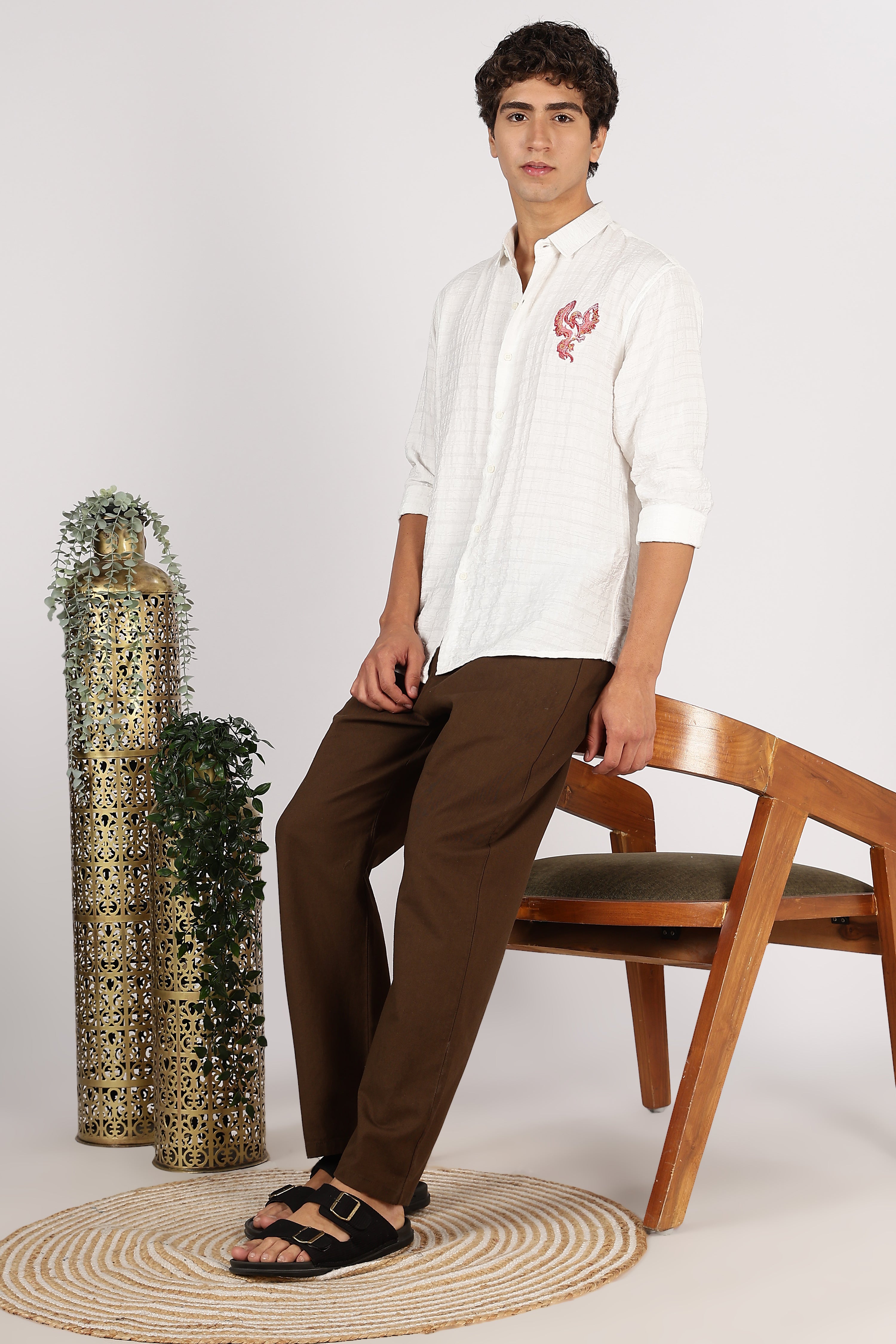 Crimson Phoenix Cotton Regular Fit White Embroidered Shirt