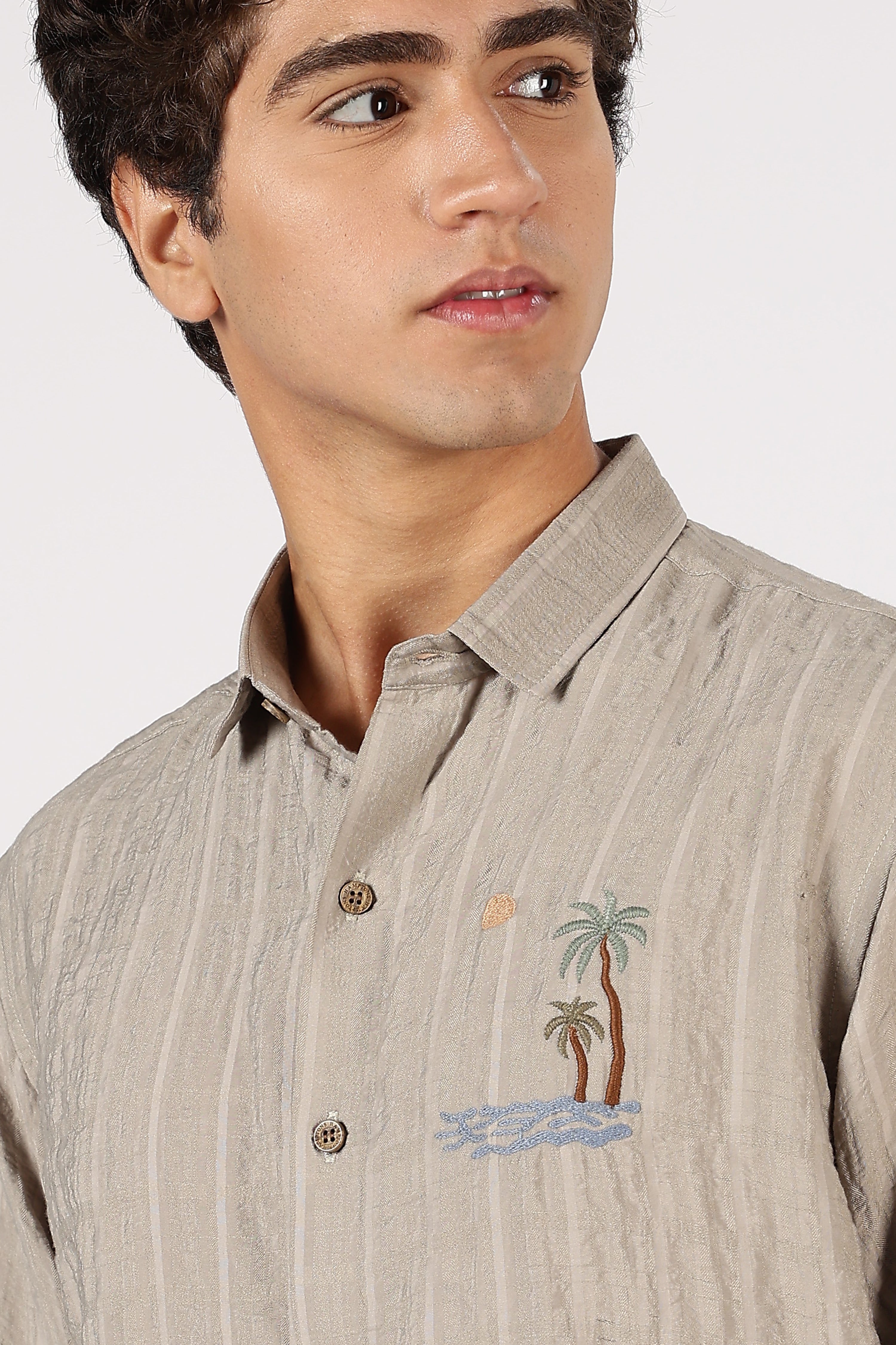 Taupe Island Drift Cotton Regular Fit Brown Embroidered Shirt