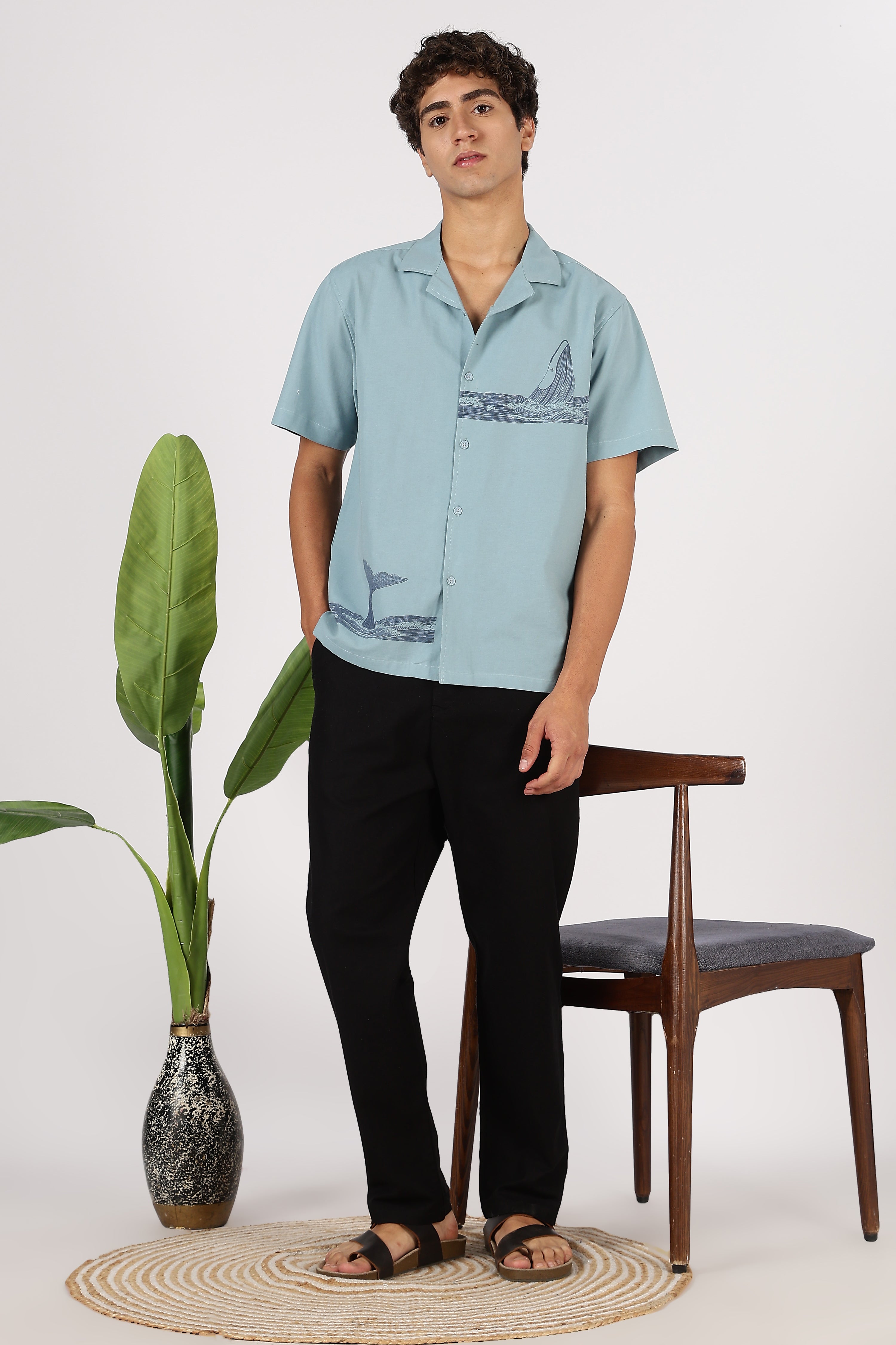 Seafoam Ocean Voyager Cotton Box Fit Sky Printed Shirt