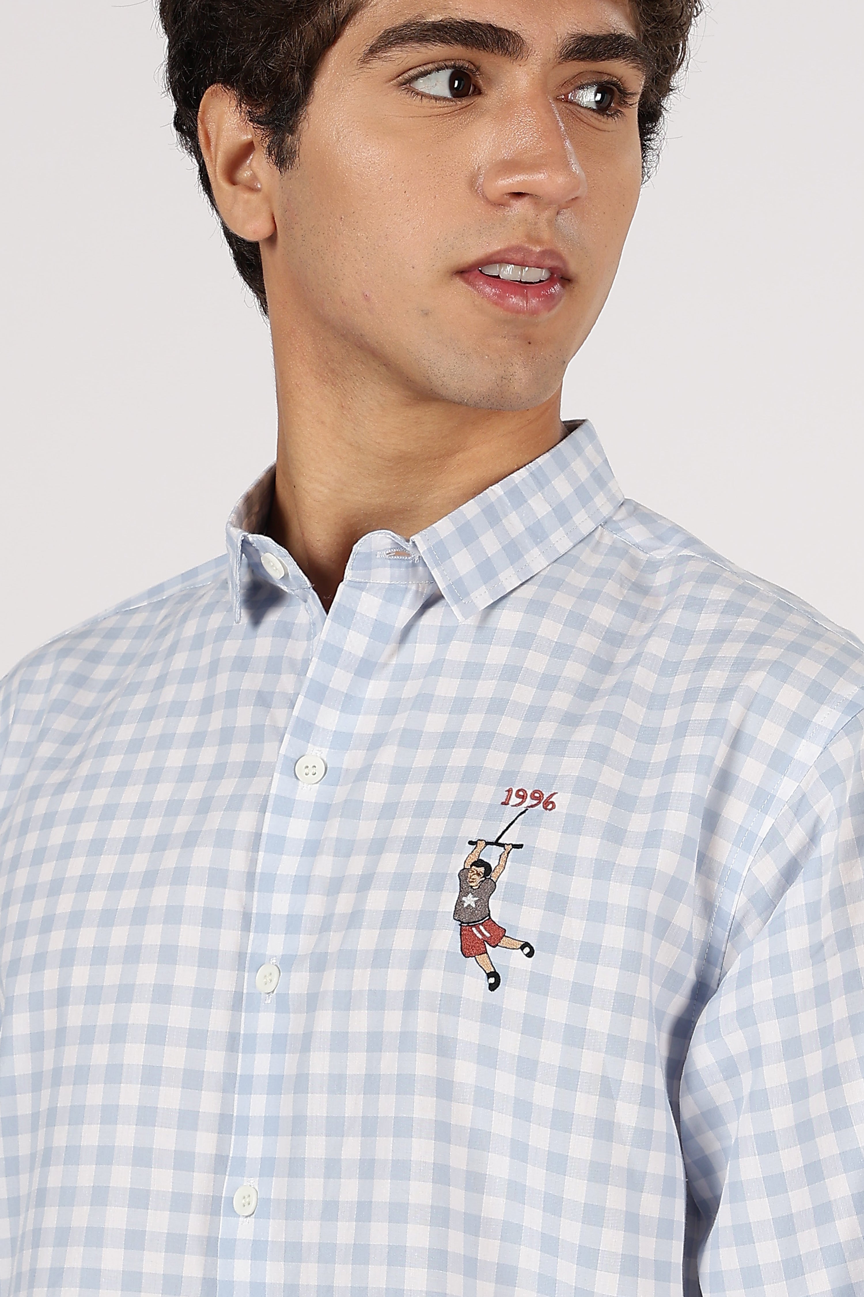 Playground Story Cotton Regular Sky Blue Pink Embroidered Shirt