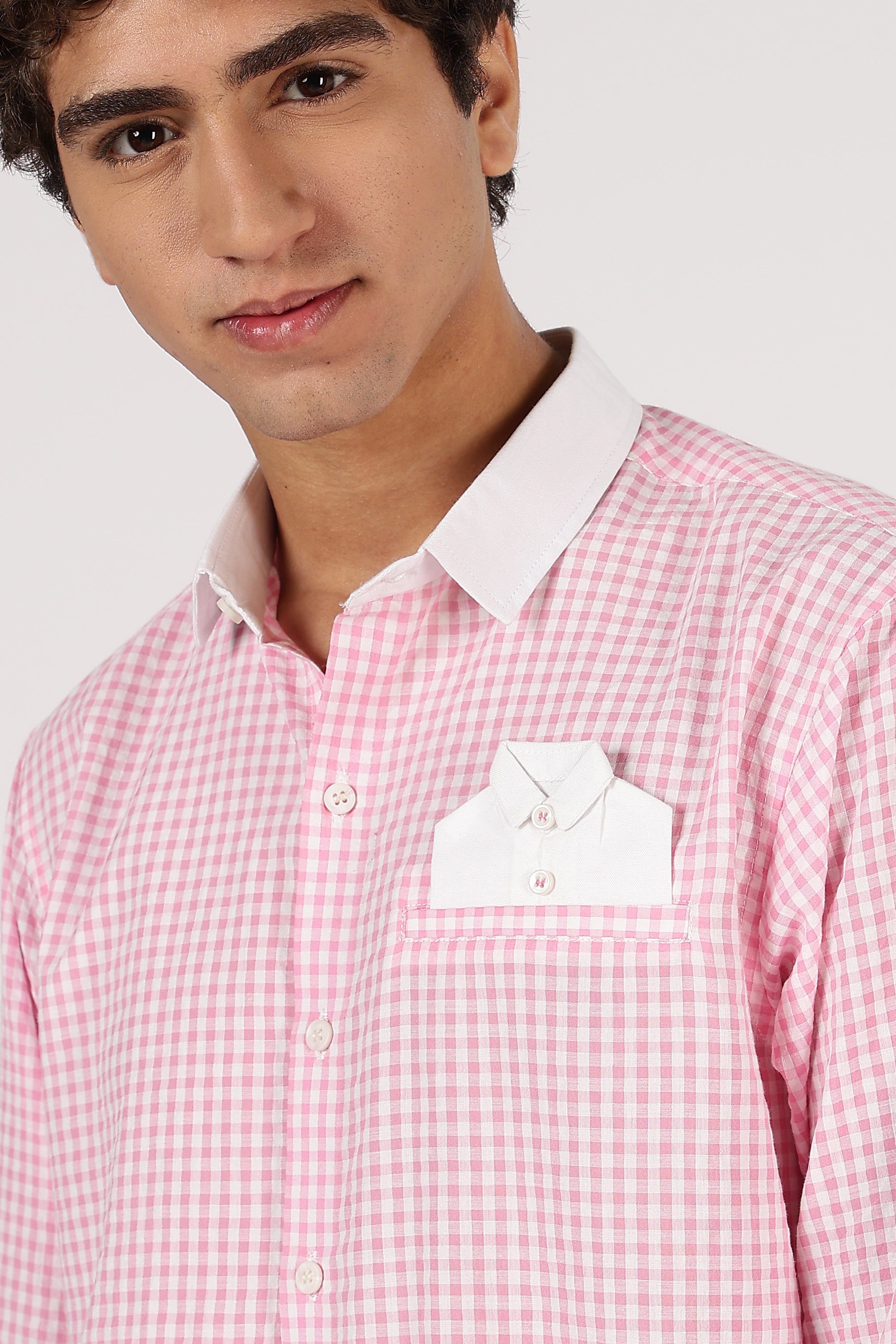 Mini Gingham Cotton Regular Fit Pink Embroidered Shirt