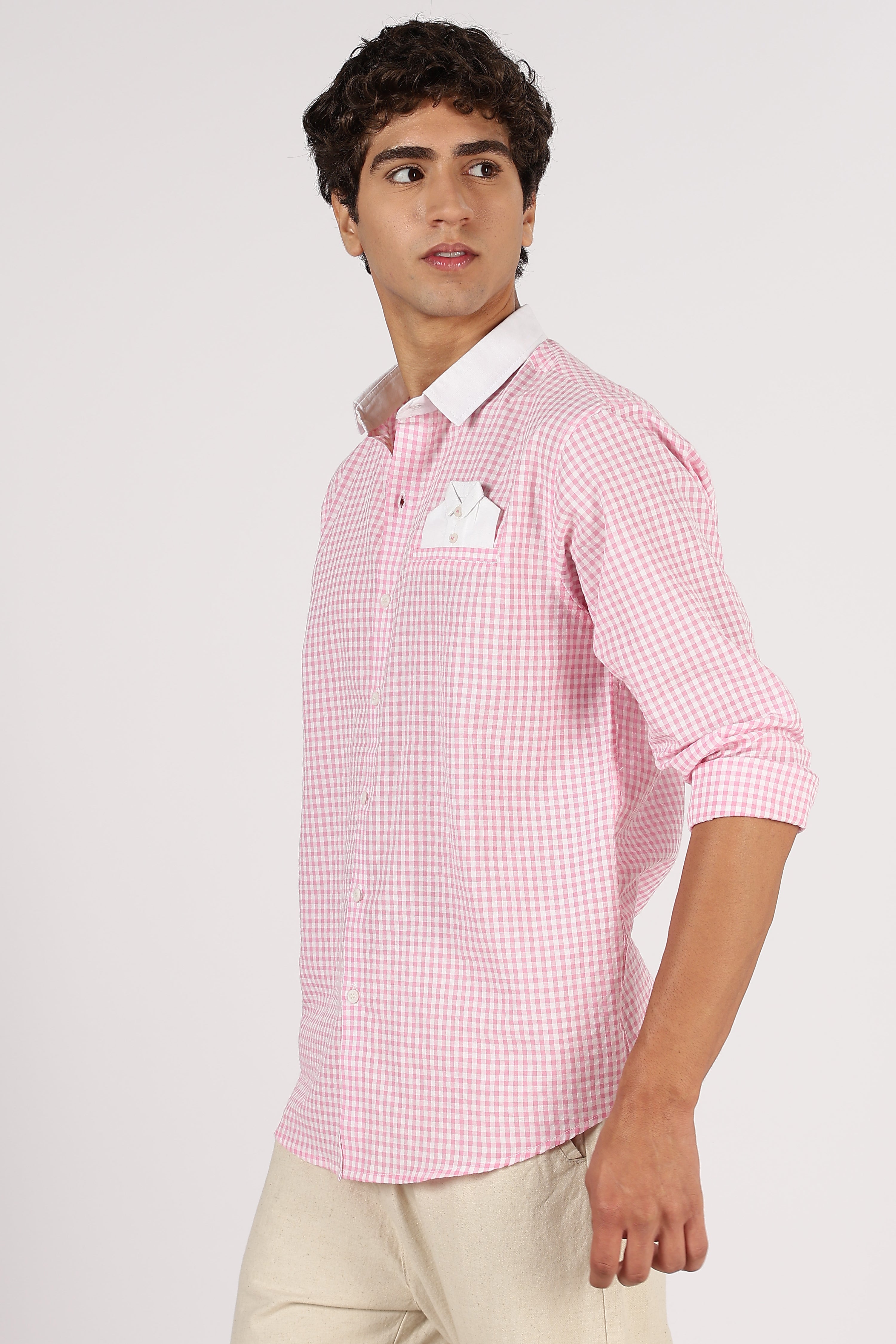 Mini Gingham Cotton Regular Fit Pink Embroidered Shirt