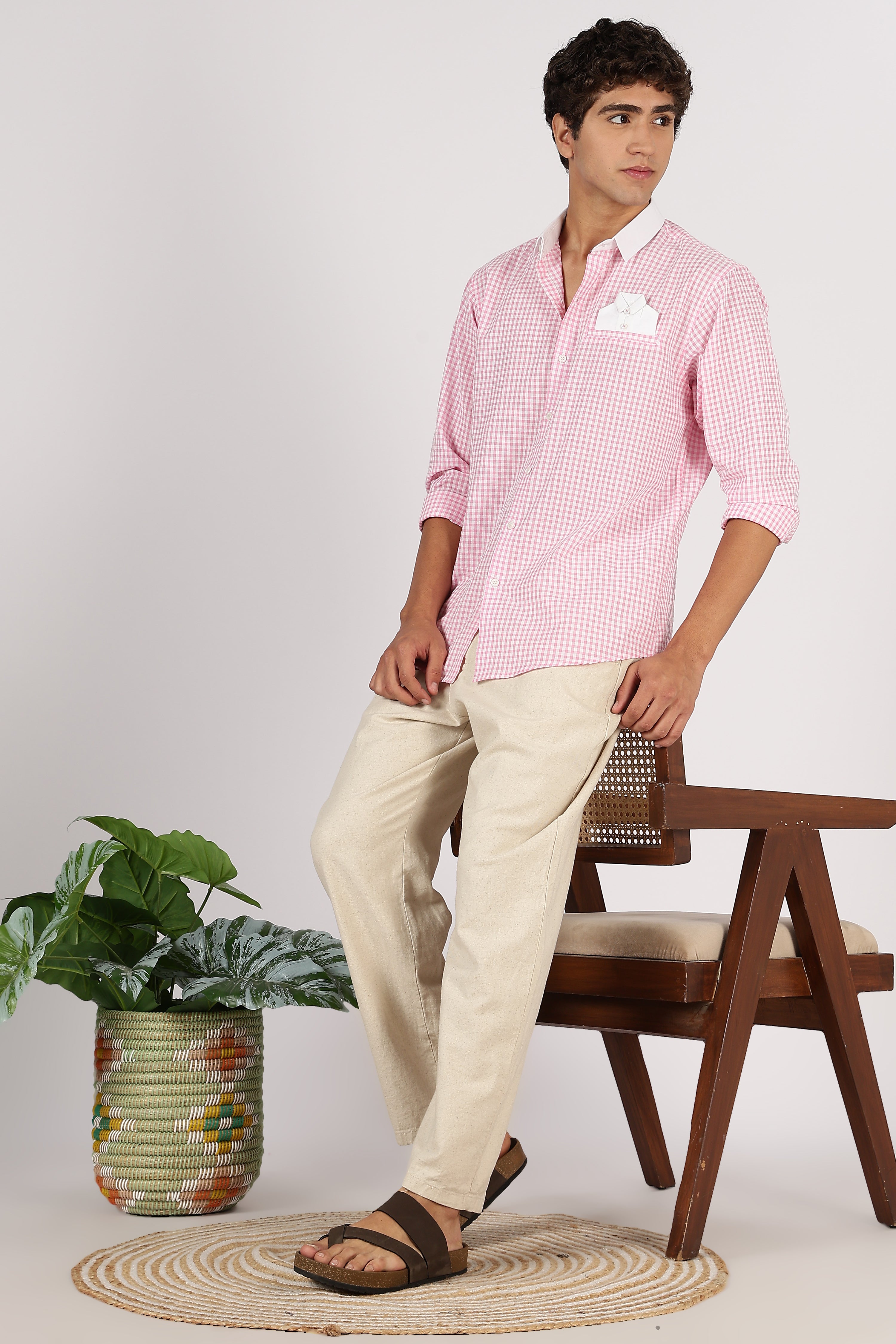 Mini Gingham Cotton Regular Fit Pink Embroidered Shirt