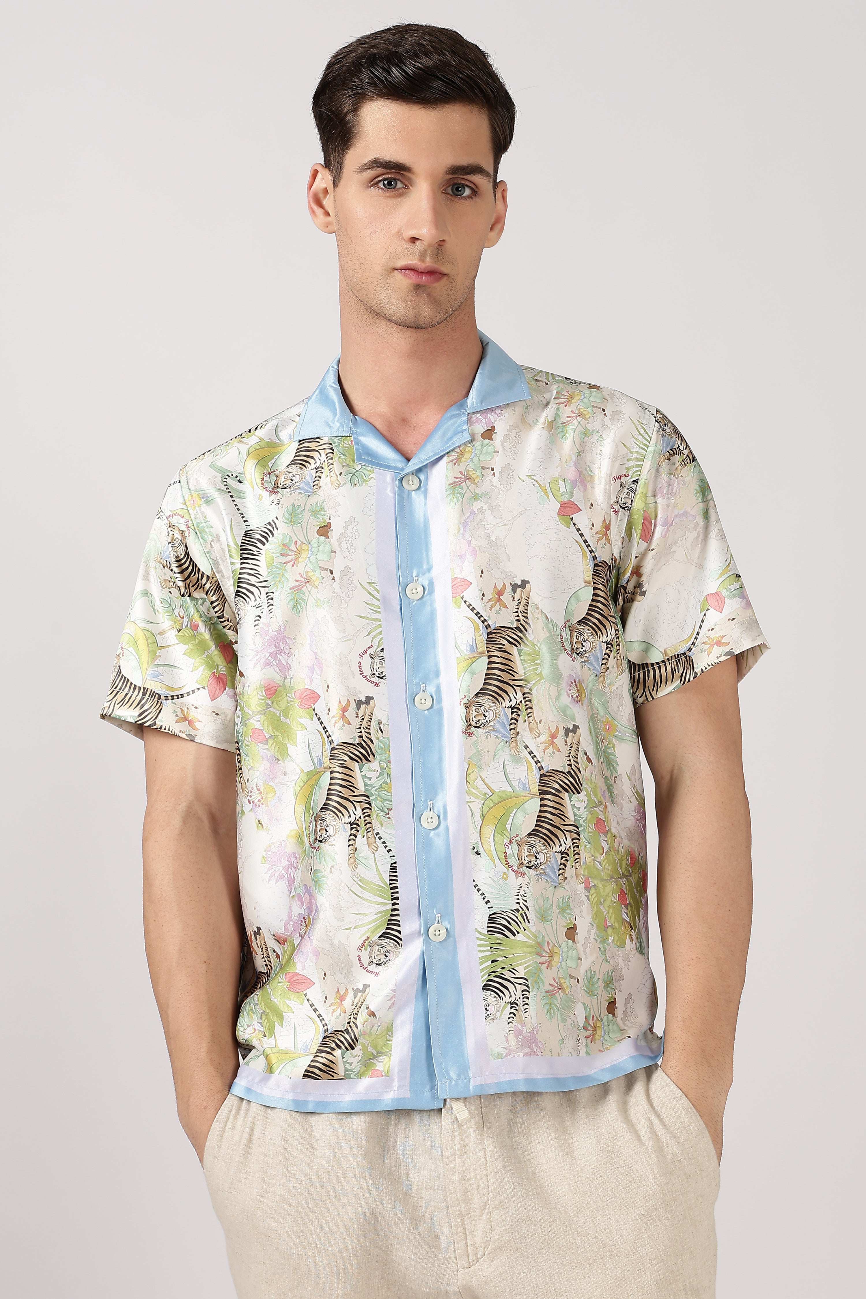Hamptons Tigers Satin Box Fit Cream Printed Shirt