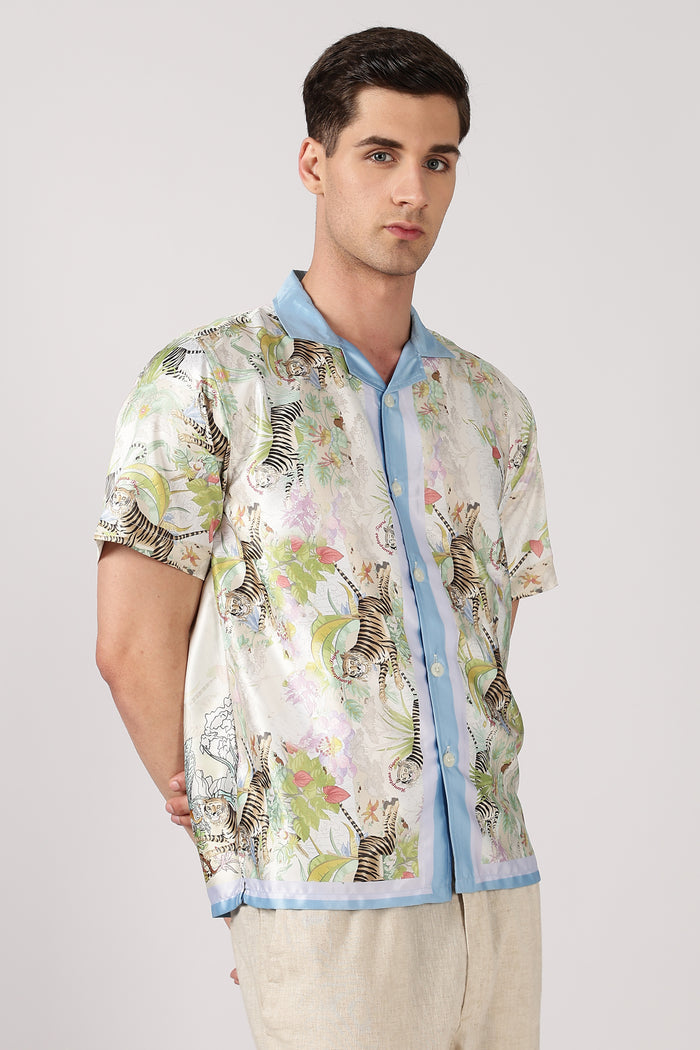 Hamptons Tigers Satin Box Fit Cream Printed Shirt