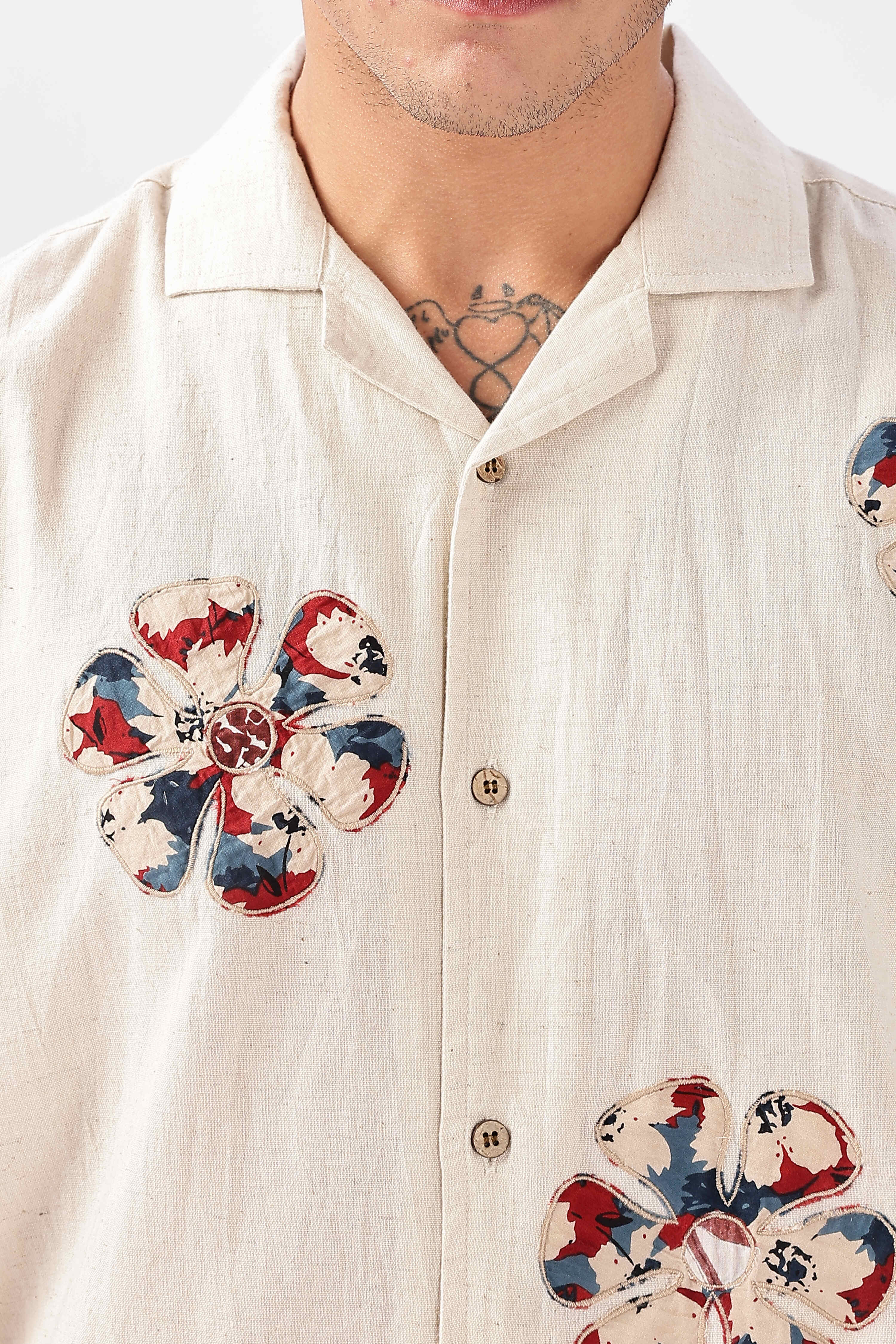 Retro Bloom Cotton Box Fit Beige Printed Shirt