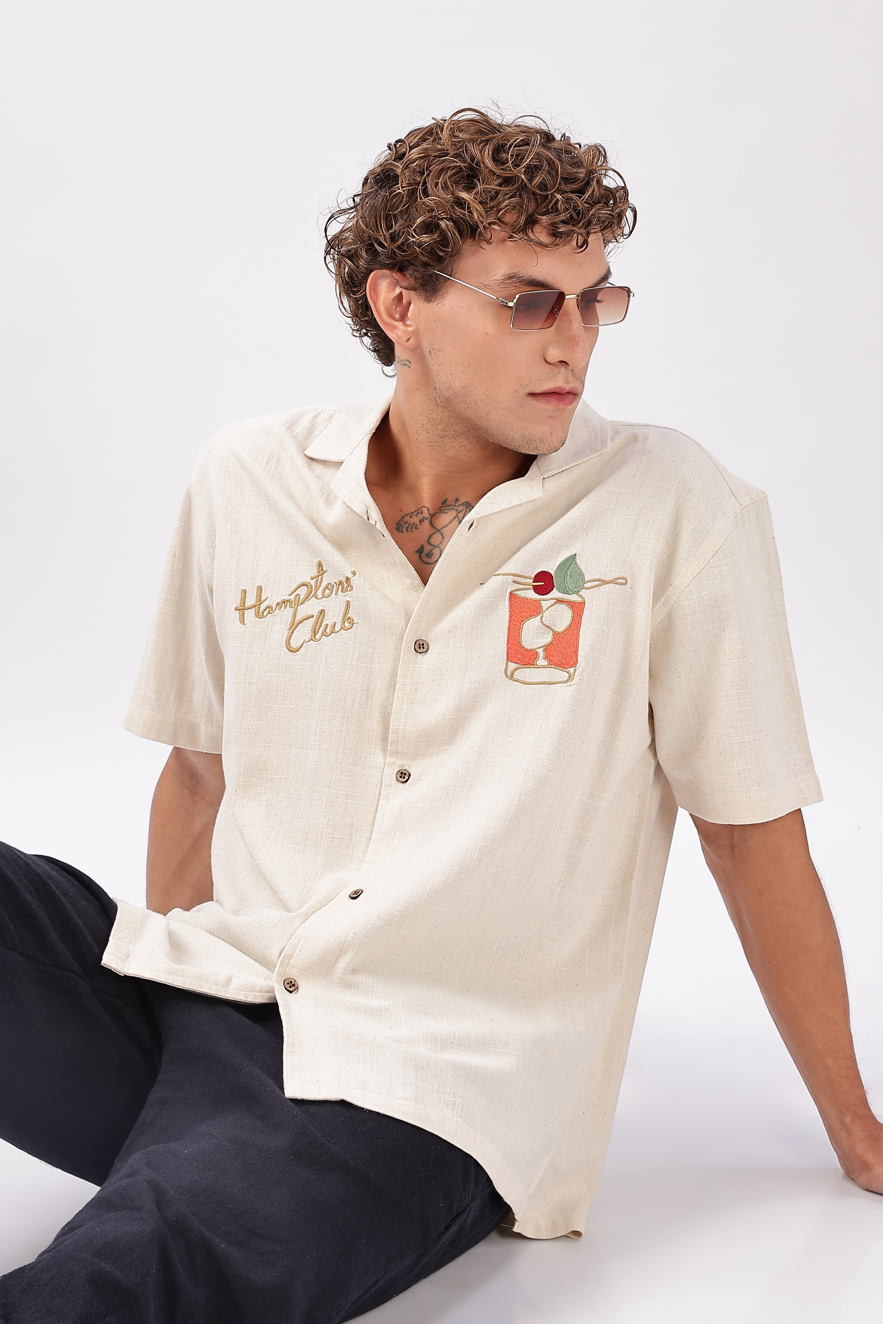 "Sunset Sips" Beige Club Embroidered Shirt