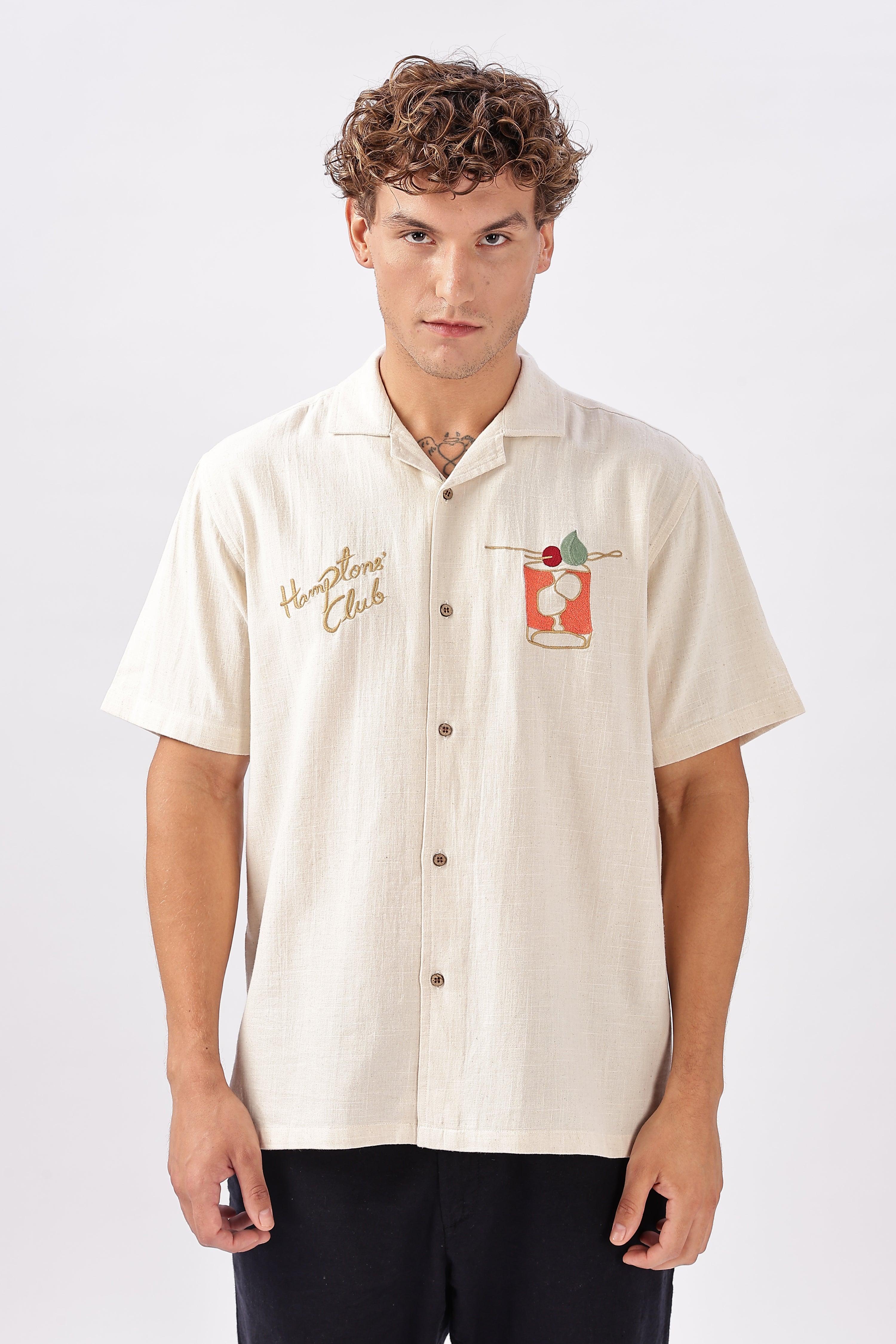 "Sunset Sips" Beige Club Embroidered Shirt