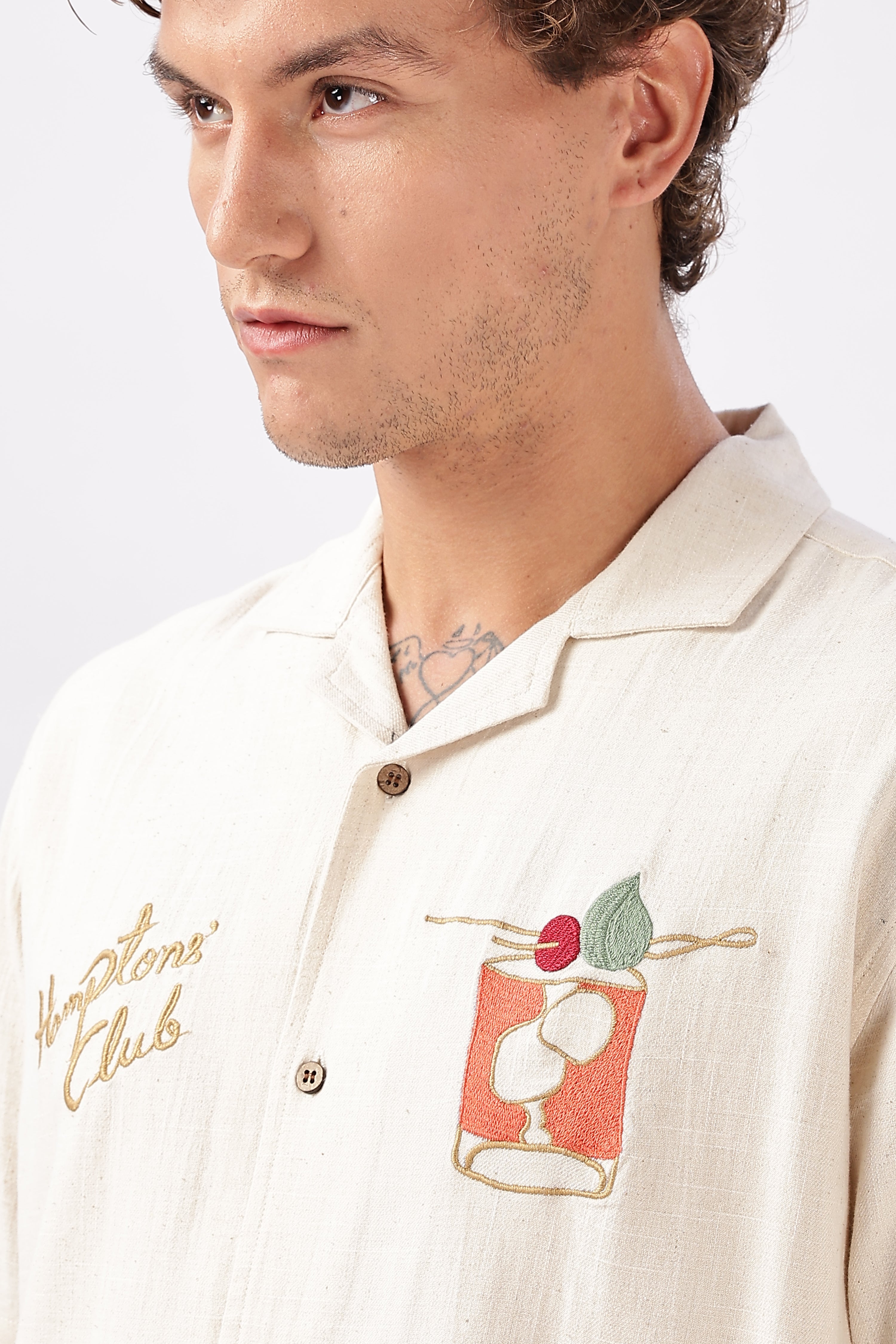 "Sunset Sips" Beige Club Embroidered Shirt
