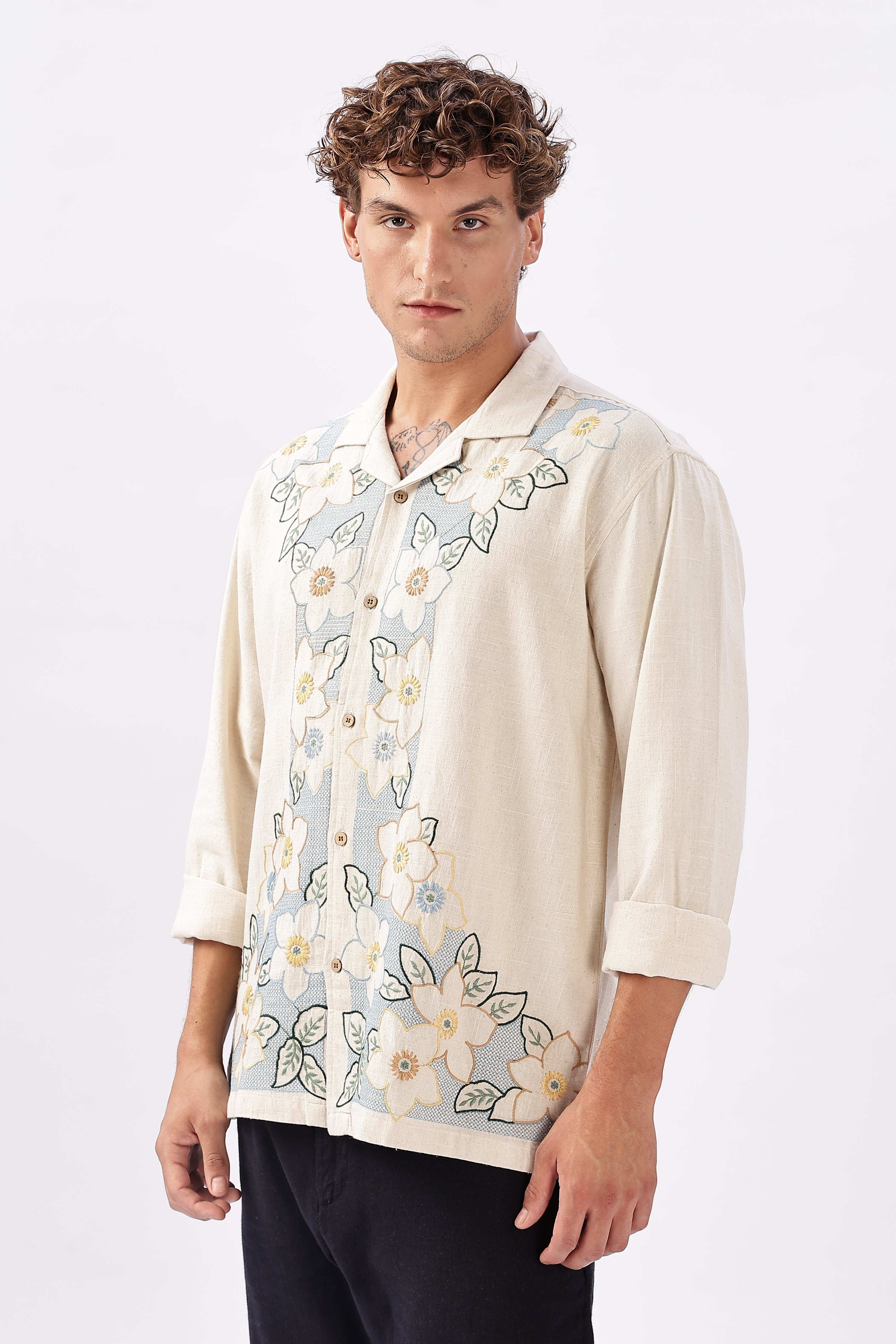 Bloomfield Lane Cotton Linen Embroidered Floral Shirt