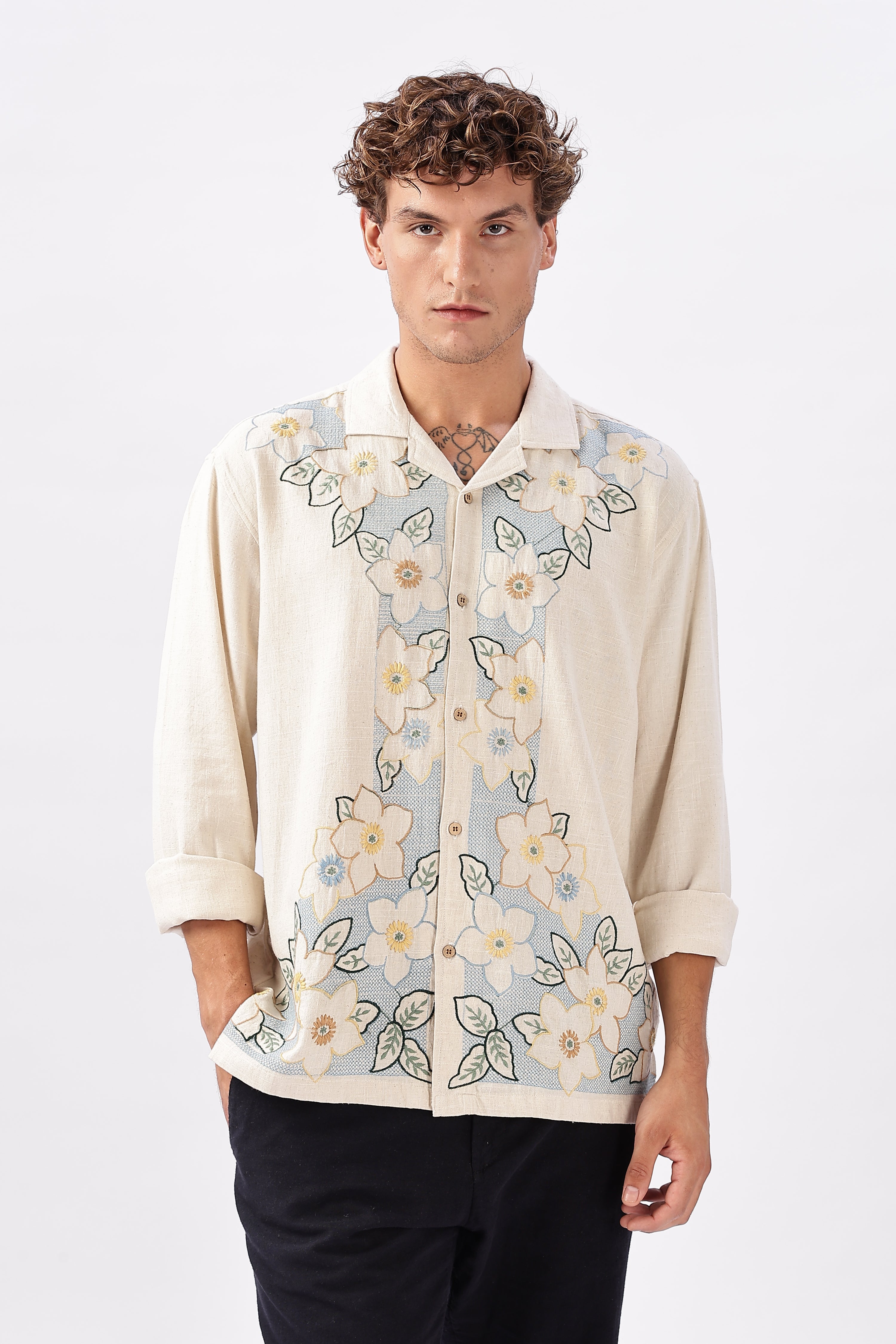 Bloomfield Lane Cotton Linen Embroidered Floral Shirt