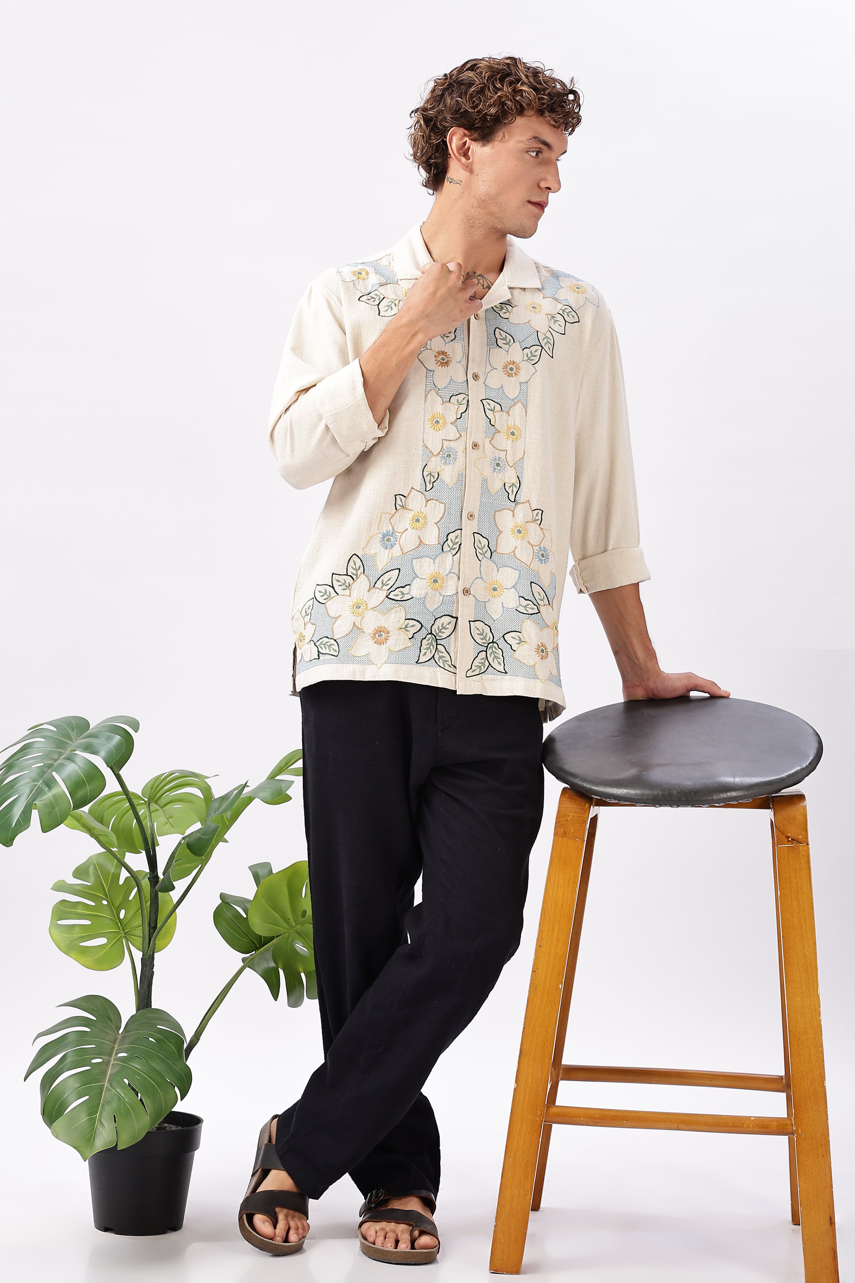 Bloomfield Lane Cotton Linen Embroidered Floral Shirt